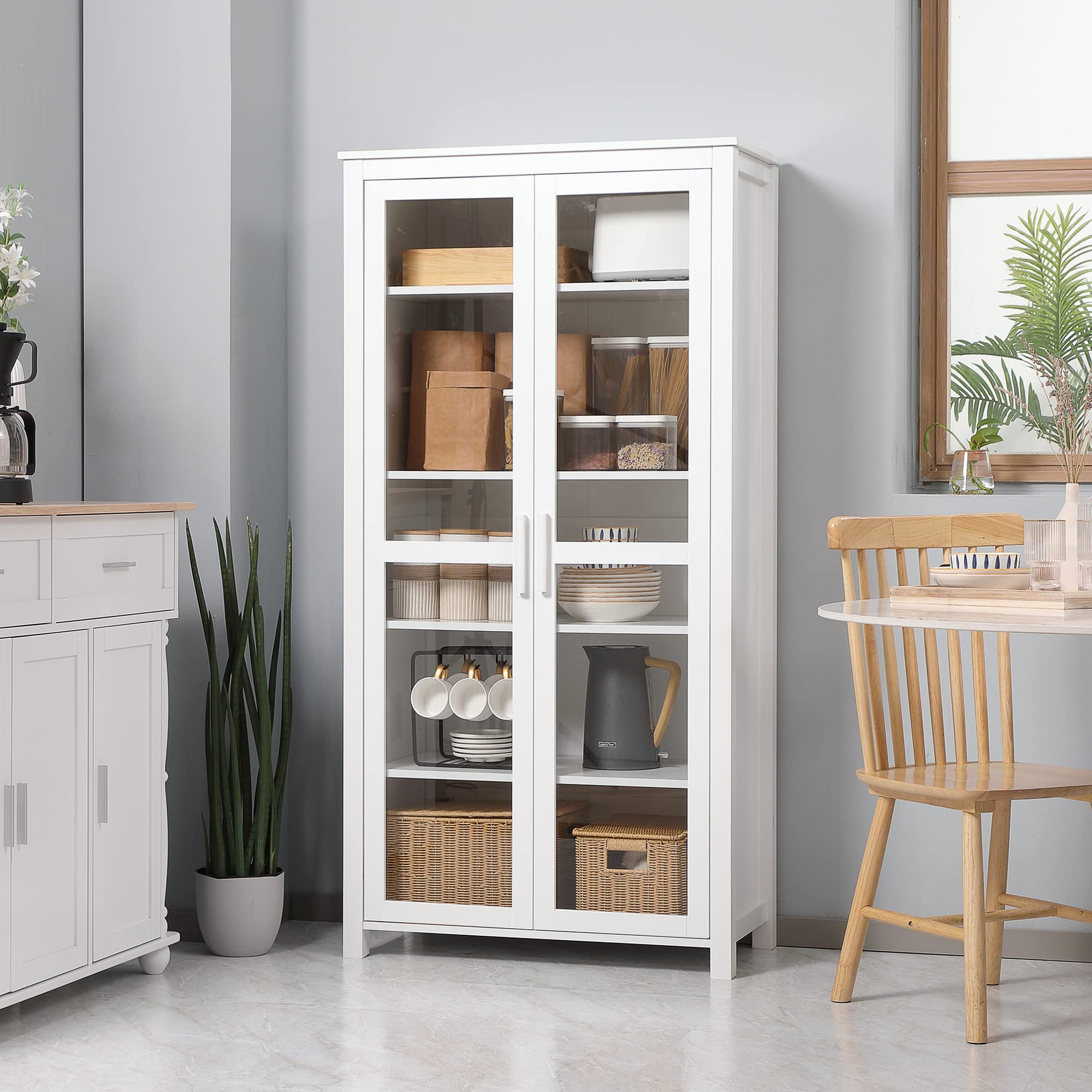 Kitchen Pantry Cabinet with Glass Doors