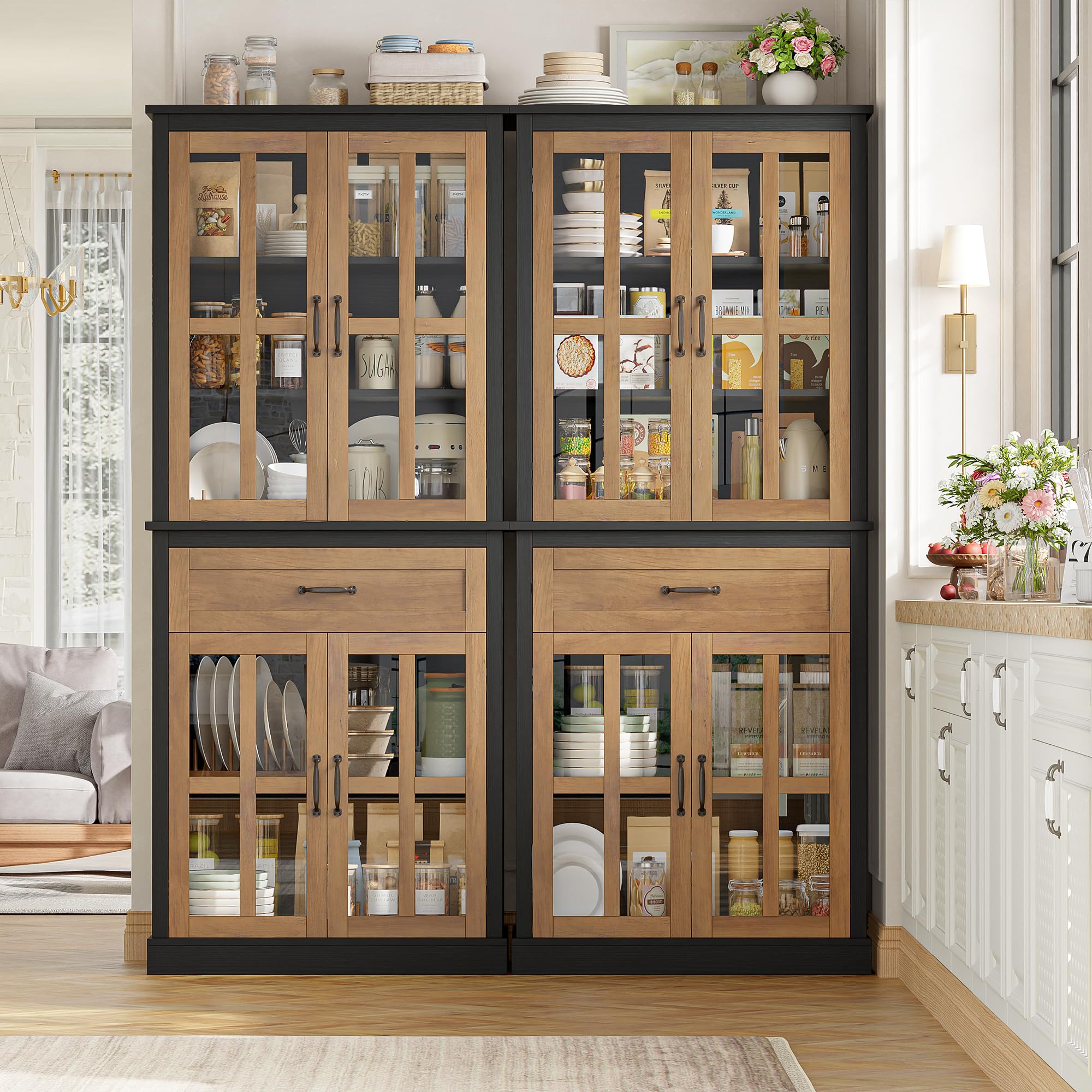 Kitchen Pantry Cabinet with Glass Doors and Drawer