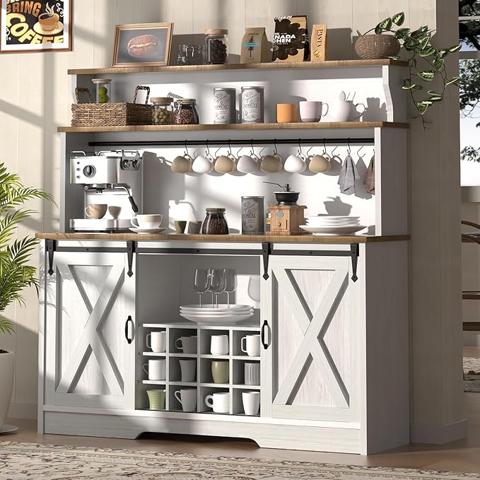 Farmhouse Coffee Bar Cabinet with 3-Tier Storage Hutch