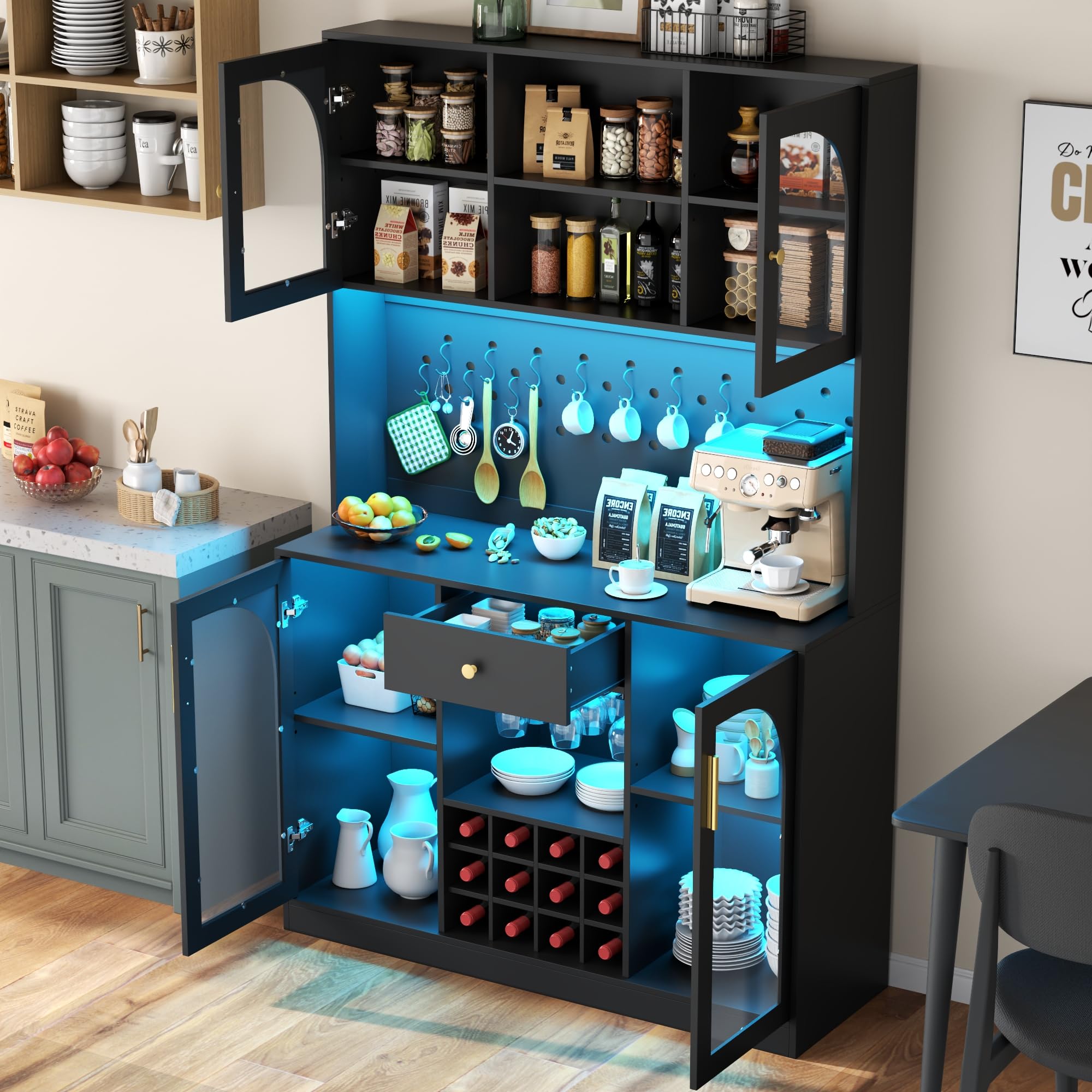 71.8" Tall Kitchen Pantry Cabinet with LED Light and Wine Rack
