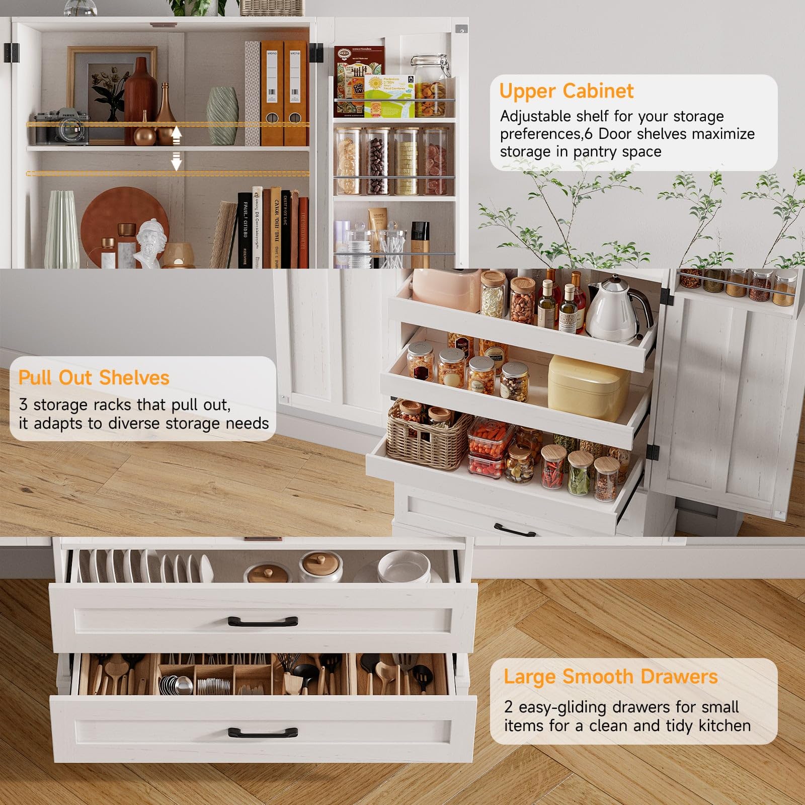 71" Tall Farmhouse Kitchen Pantry Cabinet with Pull Out Shelves