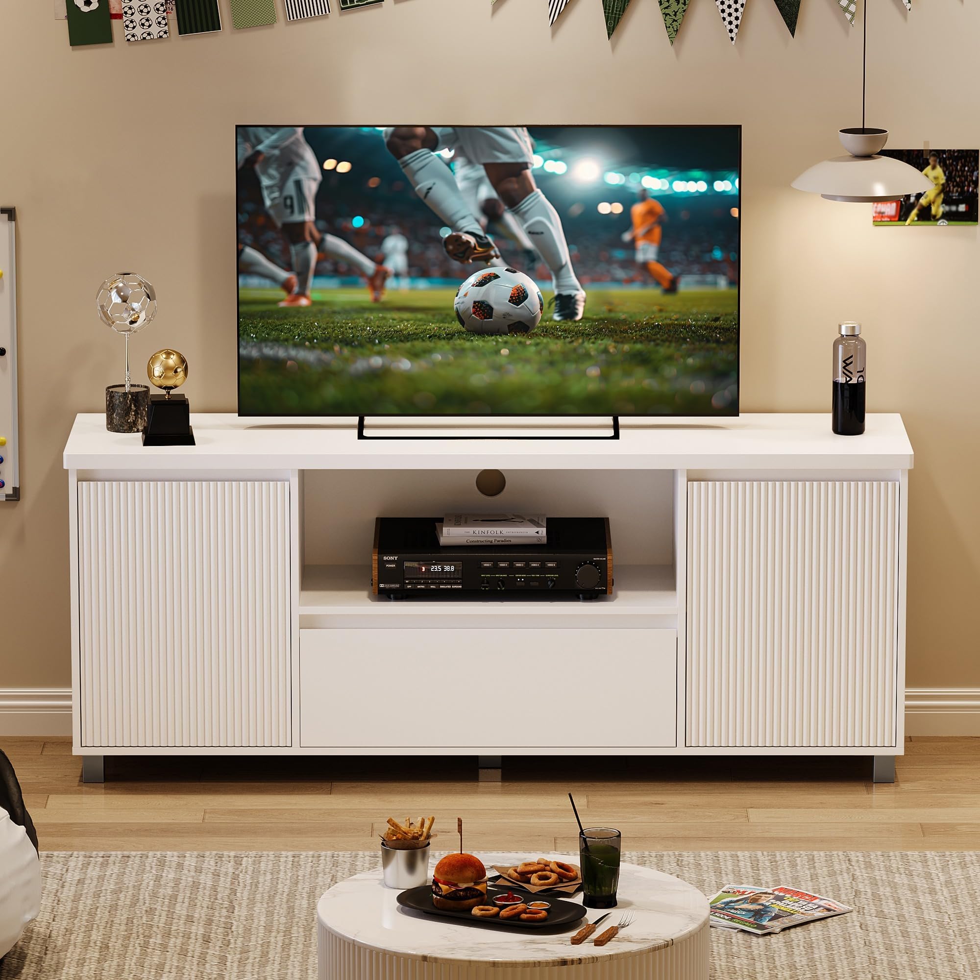 63 Inch TV Stand with Storage Drawer and Open Shelves