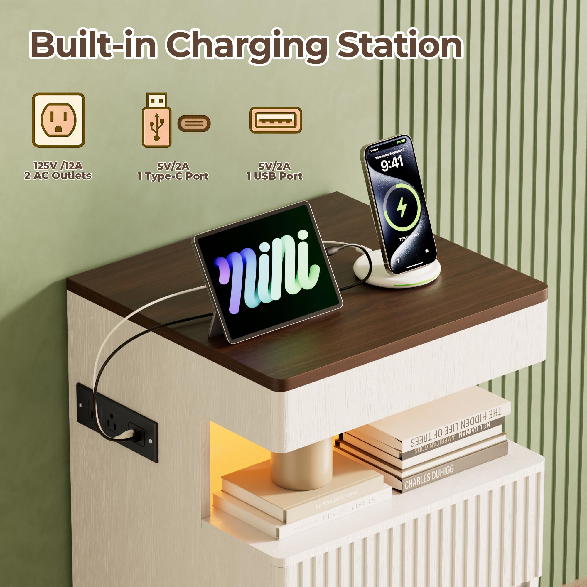 Tall Fluted Nightstand with Charging Station & LED Light