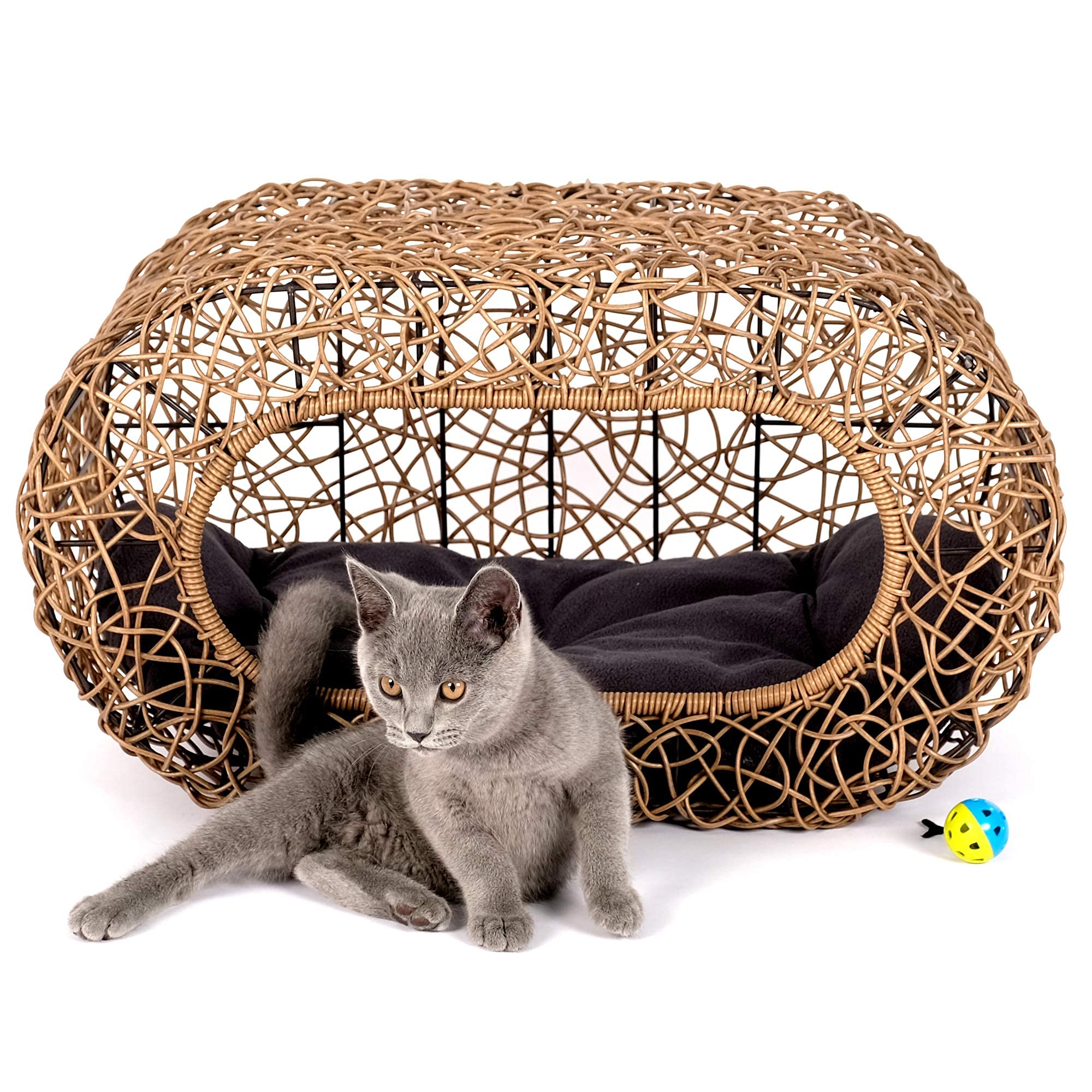 Wicker Cat House with Cushion and Scratch Pad