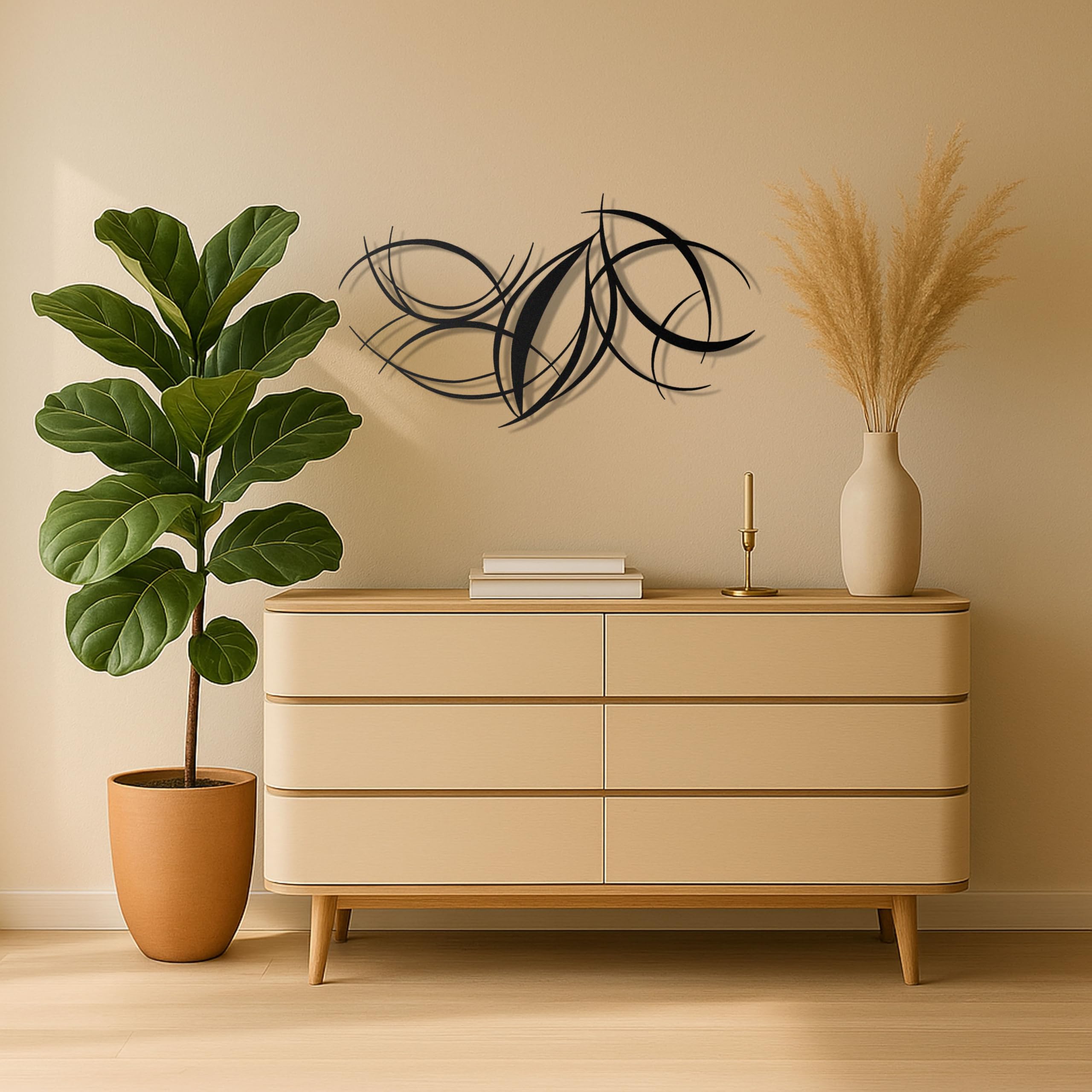 Modern Abstract Metal Wall Art - Black Curved Lines Sculpture