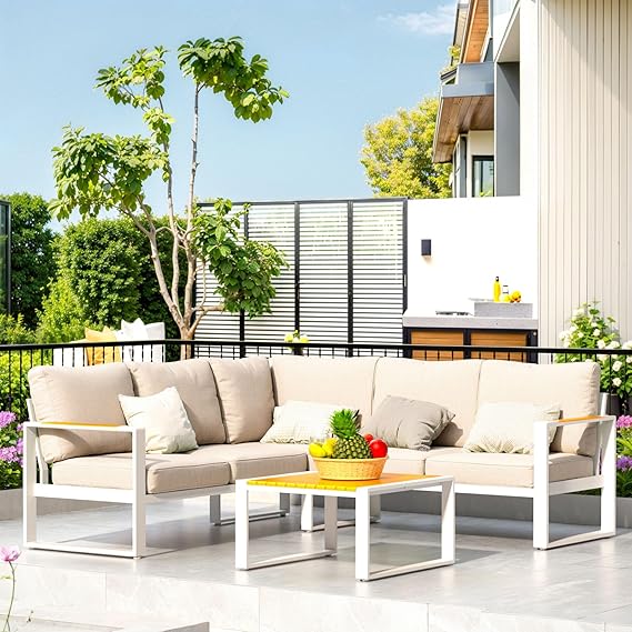 Aluminum Patio Furniture Set L-Shaped Sectional with Teak Coffee Table