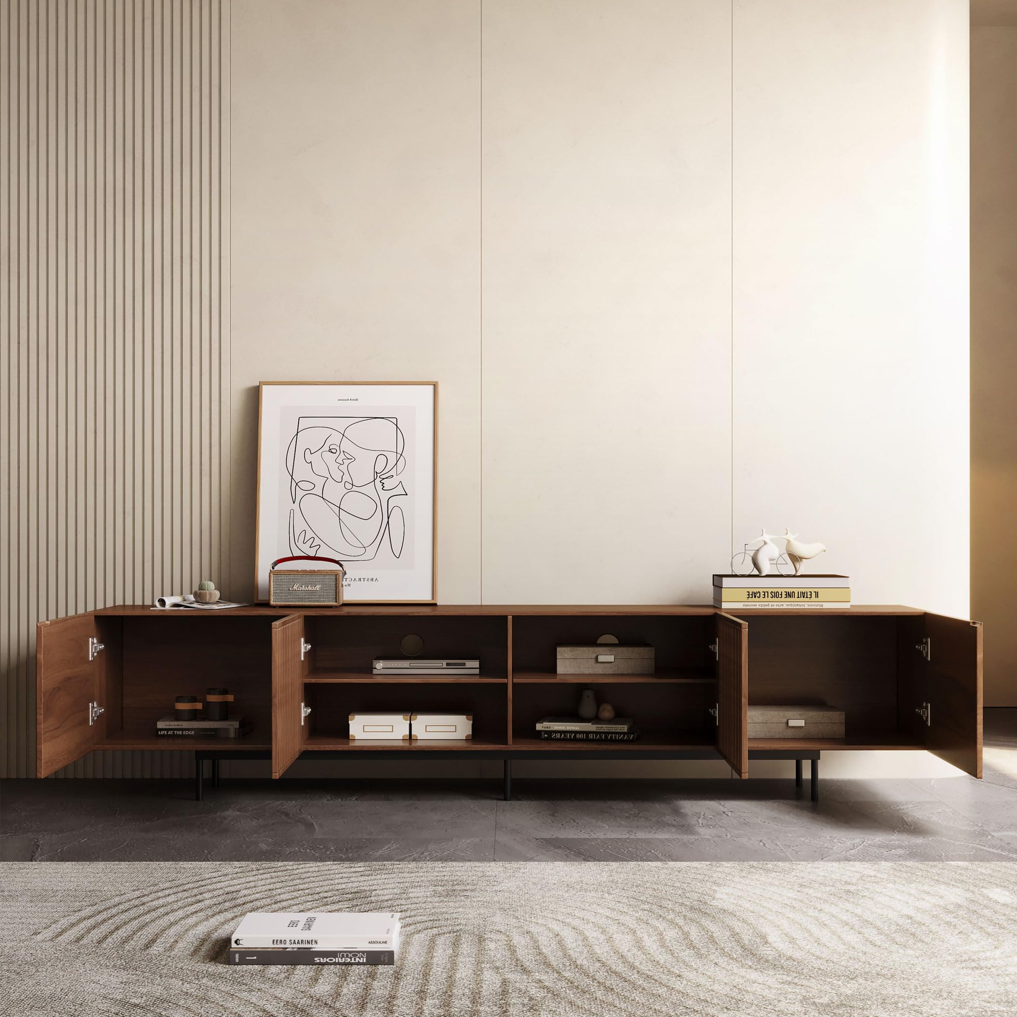 Mid Century Modern TV Stand for 80+ Inch TVs - 94.48" Walnut Console with Storage