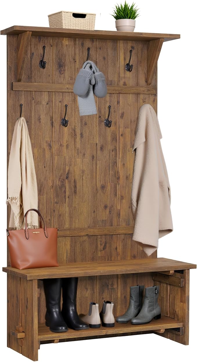 70" Acacia Wood Hall Tree with Bench & Storage