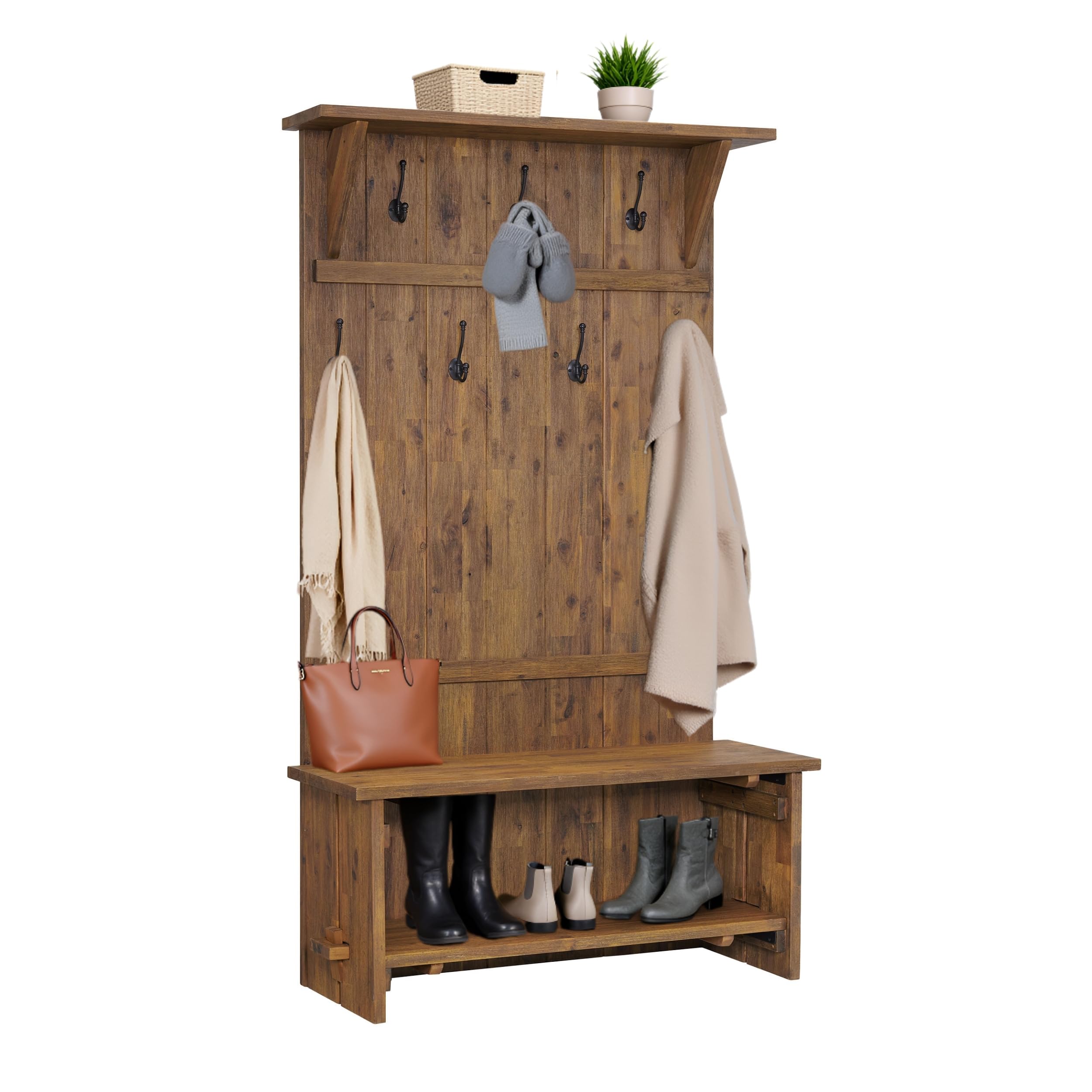 70" Acacia Wood Hall Tree with Bench & Storage