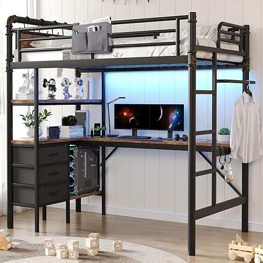 Twin Loft Bed with L-Shaped Desk and LED Lights
