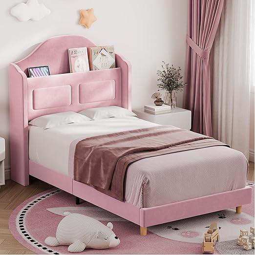 Twin LED Platform Bed with Storage Headboard