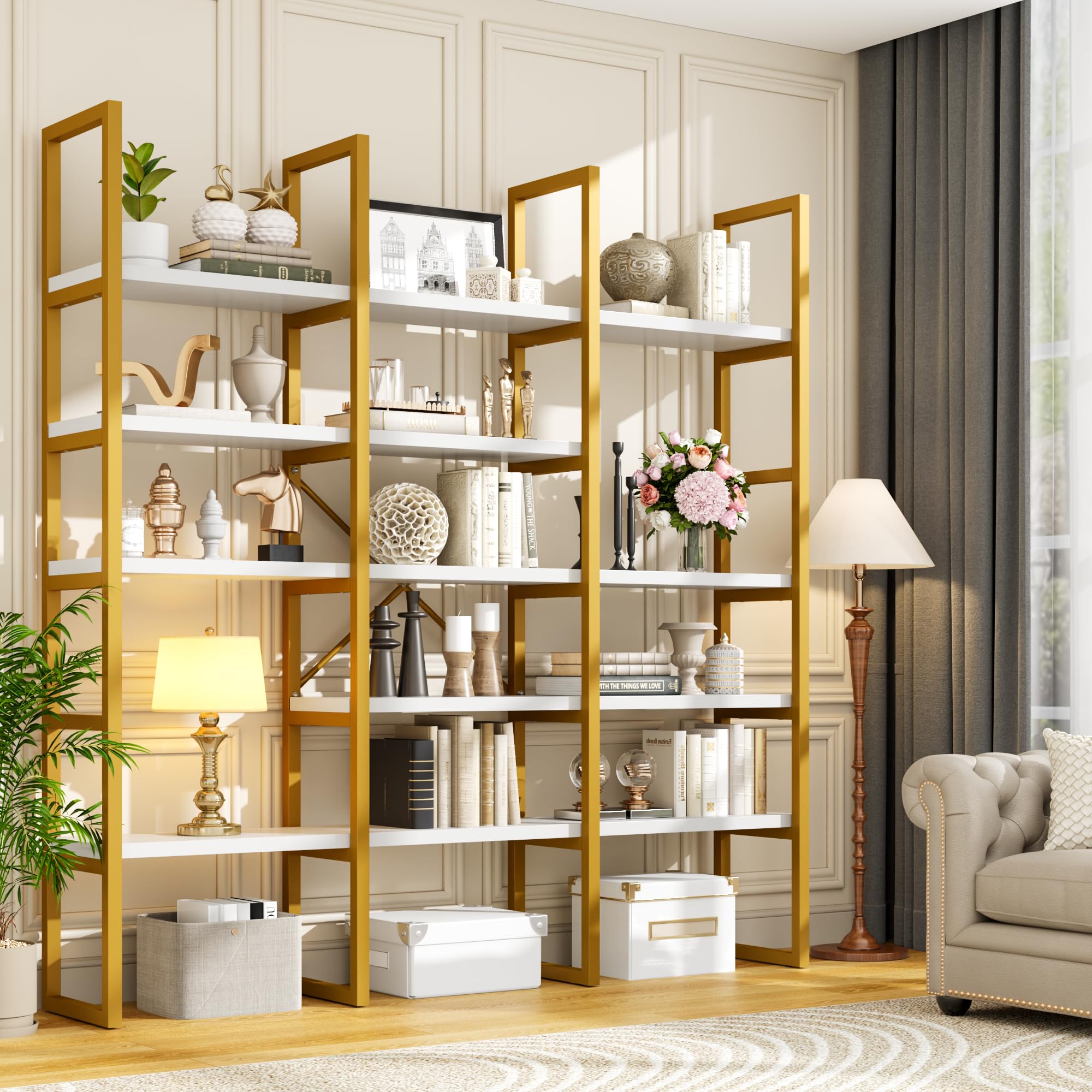 5-Tier Geometric Bookcase 71 Inches Tall Gold and White