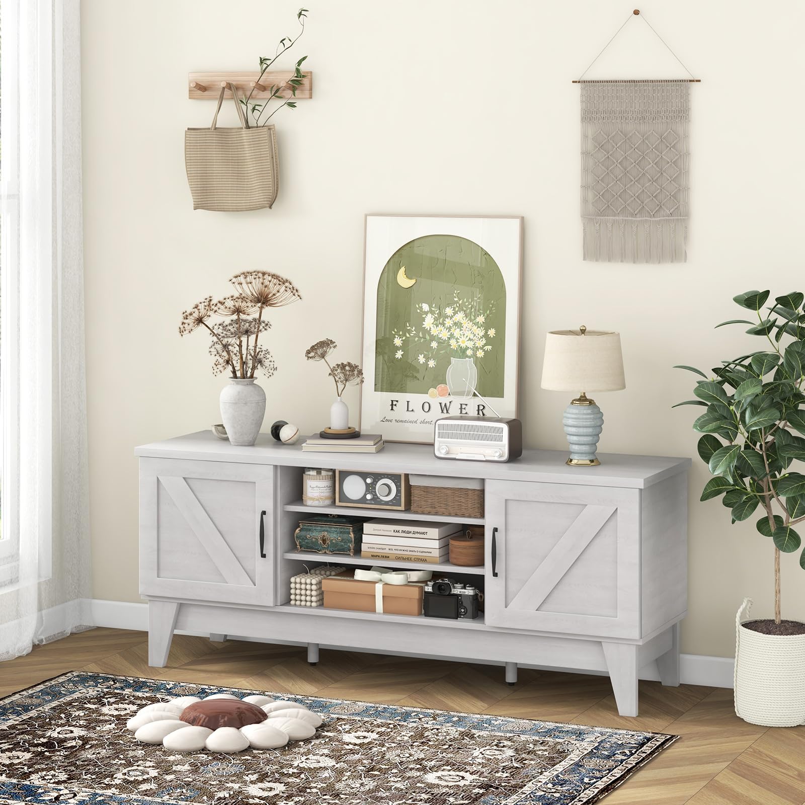 Farmhouse TV Stand for 65 Inch TVs with Barn Door Cabinets