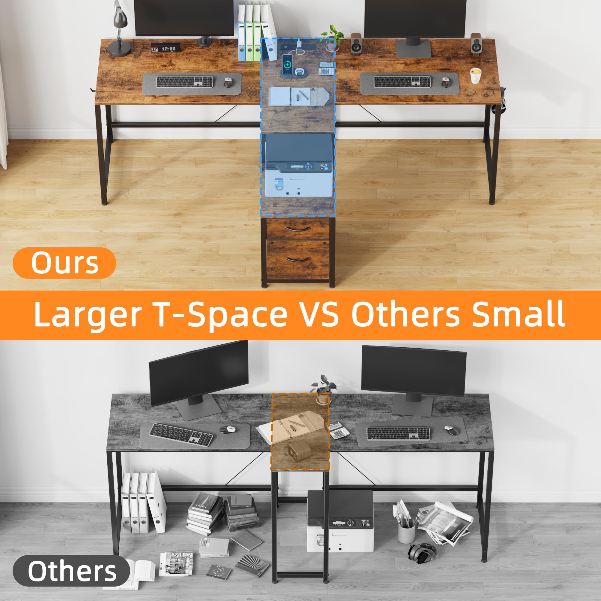 T-Shaped 2 Person Desk with Power Outlet and LED Lights