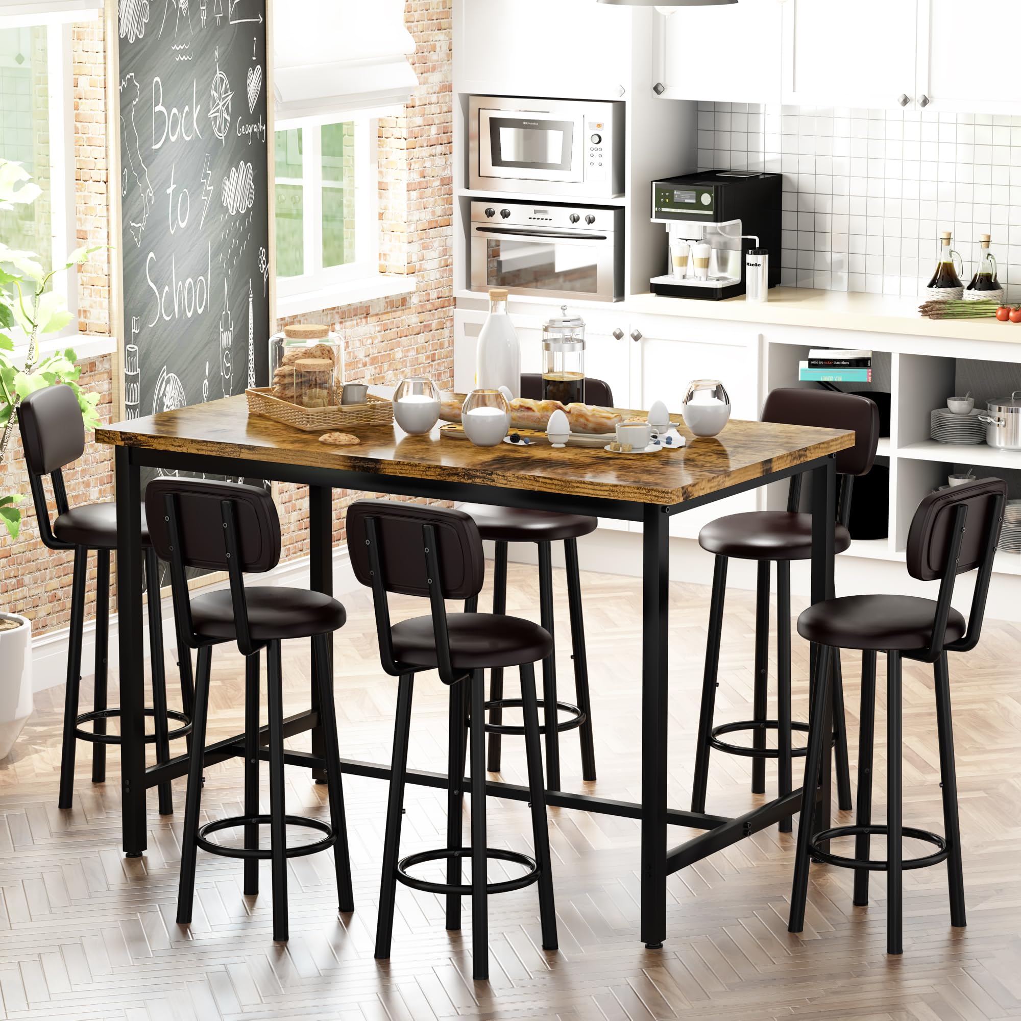 50" Counter Height Dining Table Set for 6 with Upholstered Stools