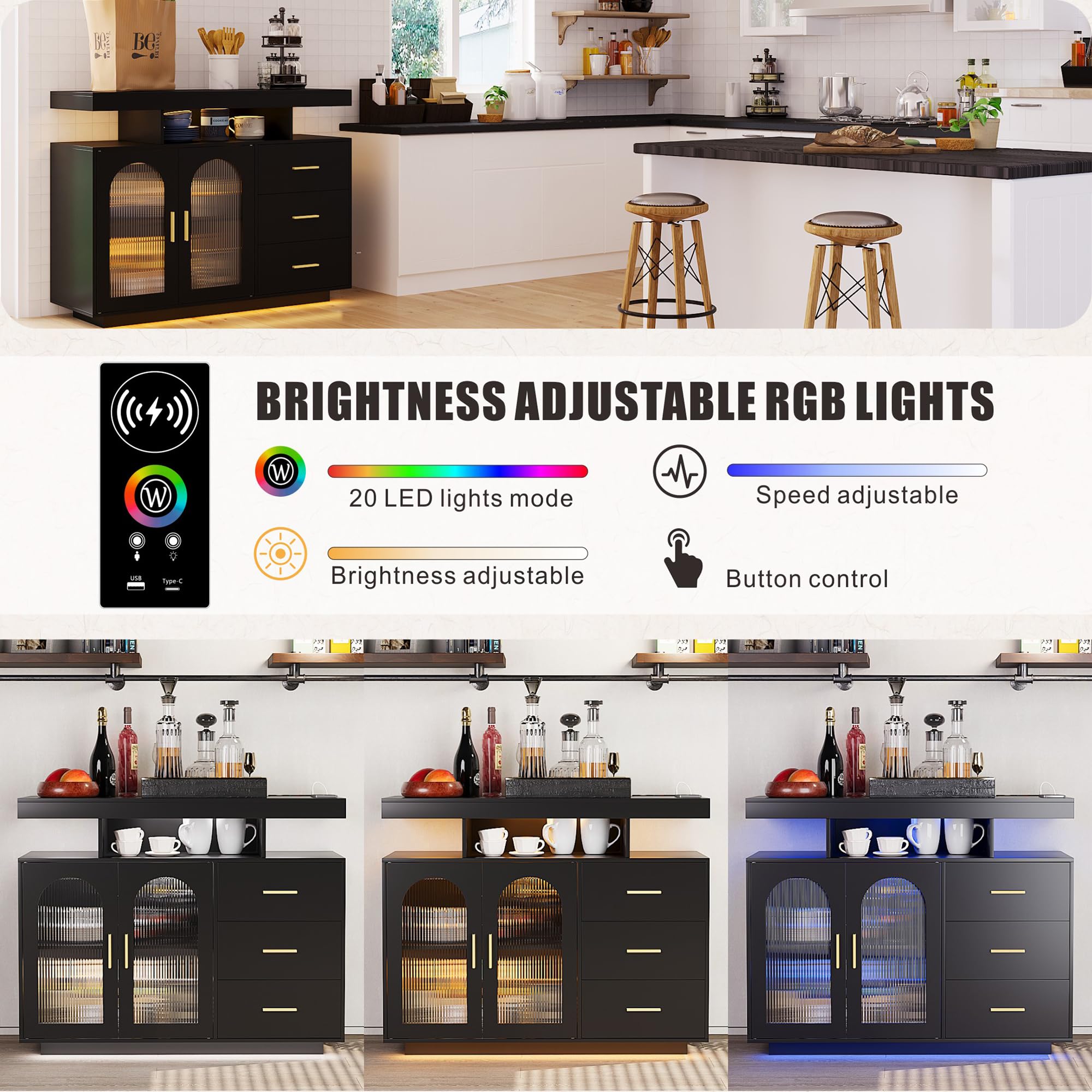 Buffet Cabinet with Storage and LED Lights