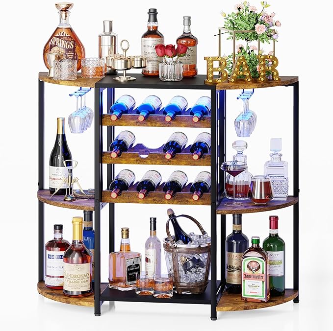 Wine Bar Cabinet with LED Lights and Glass Holder