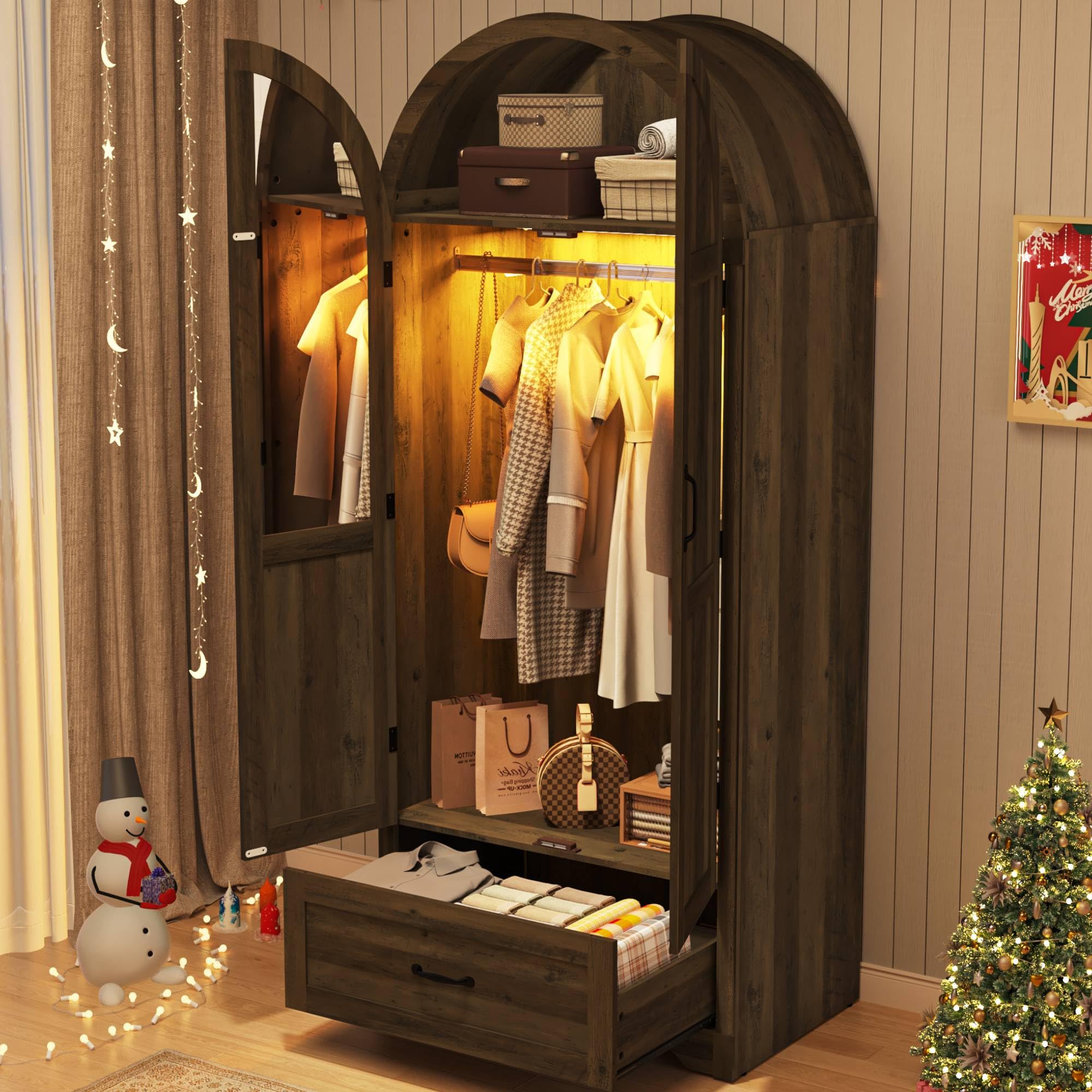 2-Door Armoire Wardrobe with Mirror and Lights