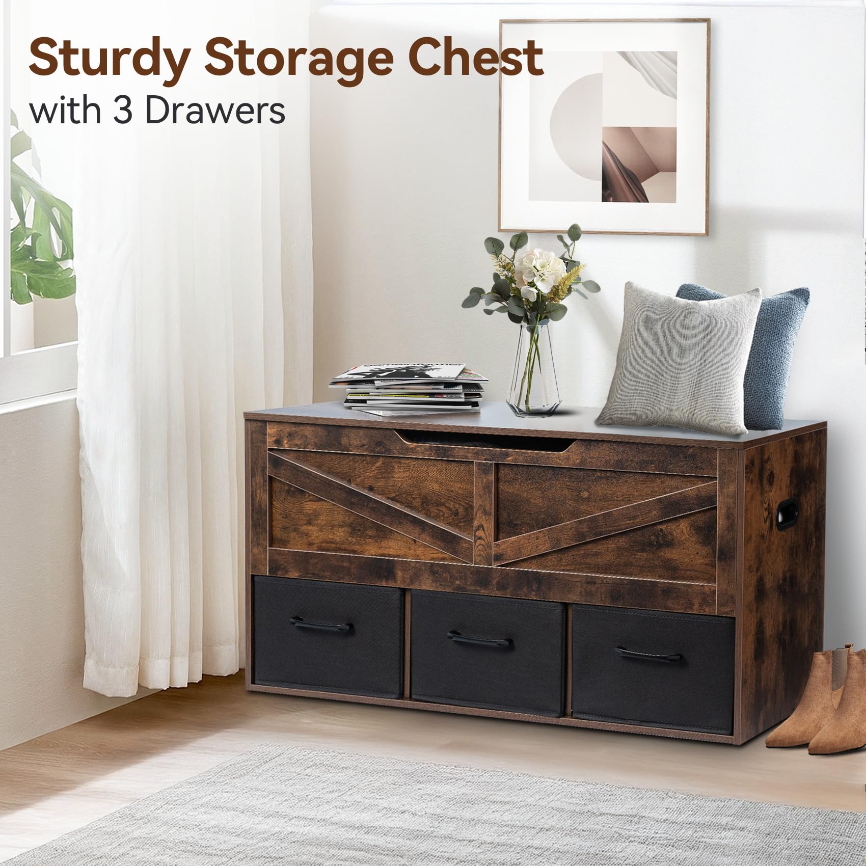 Storage Bench with 3 Drawers and Safety Hinges