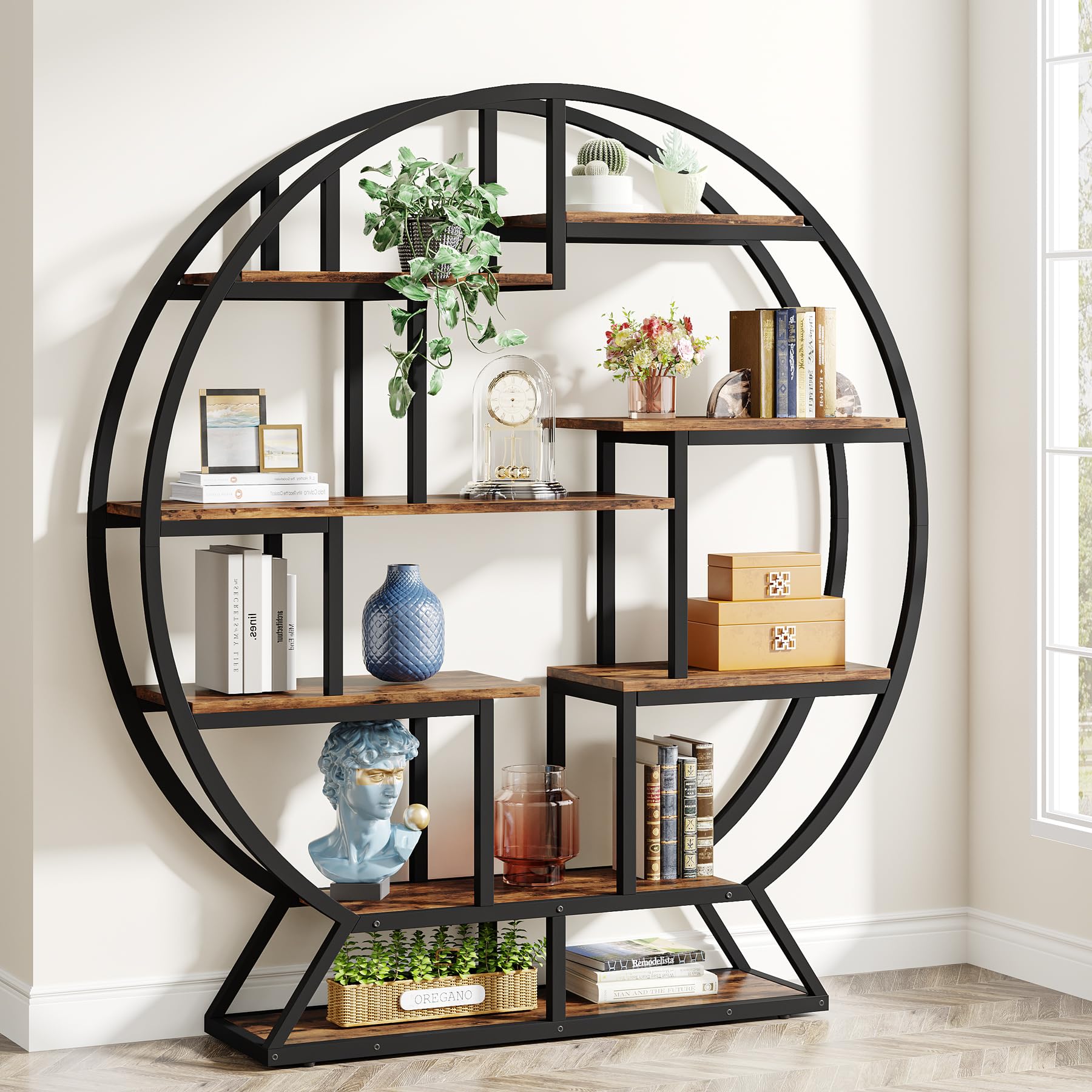 63 Inch Round Industrial Bookshelf with Staggered Shelves