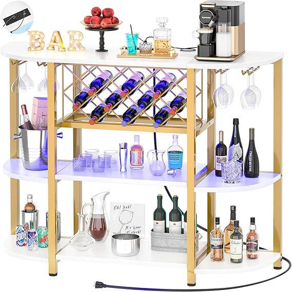Wine Bar Cabinet with LED Light and Charging Station