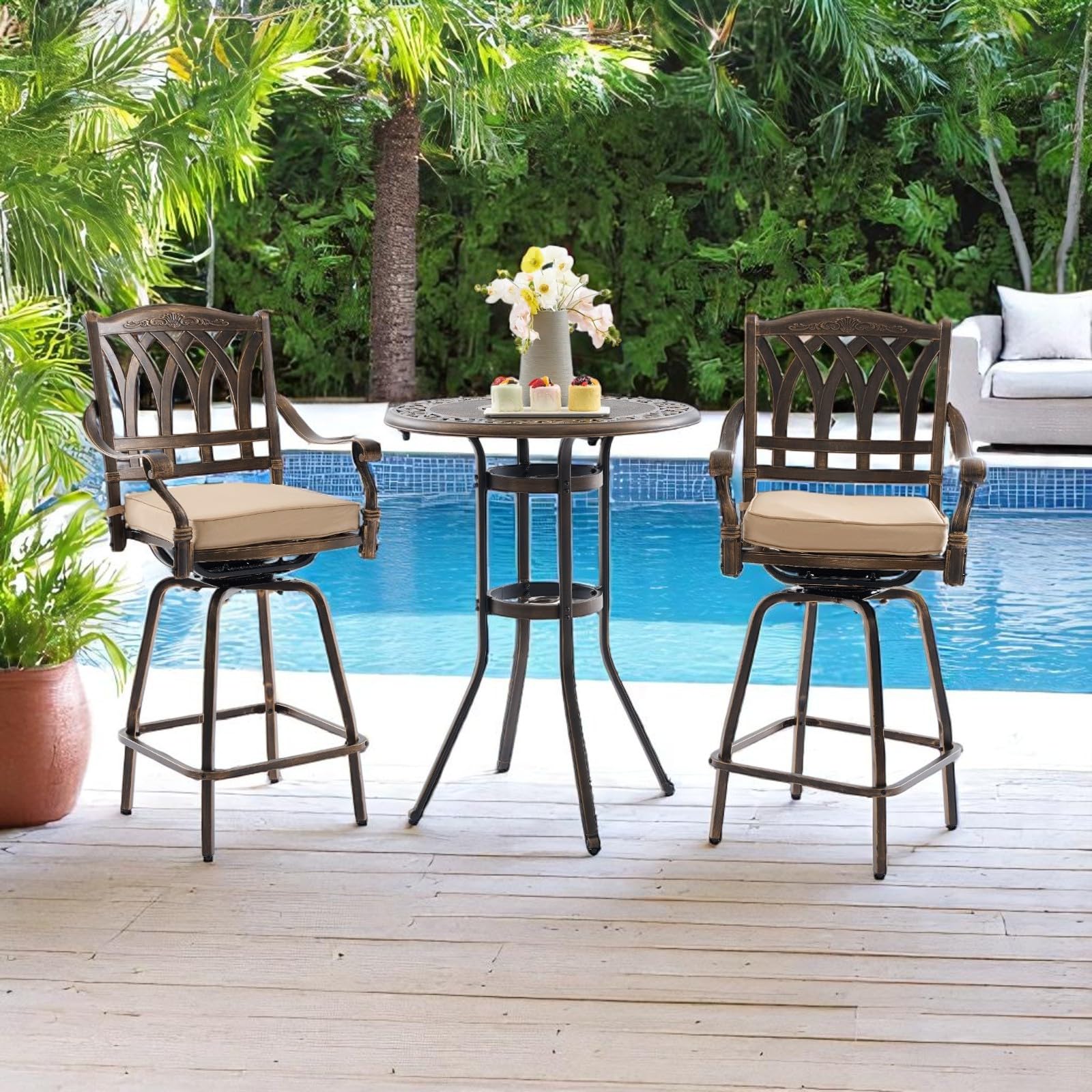 3 Piece Swivel Outdoor Bar Set Cast Aluminum