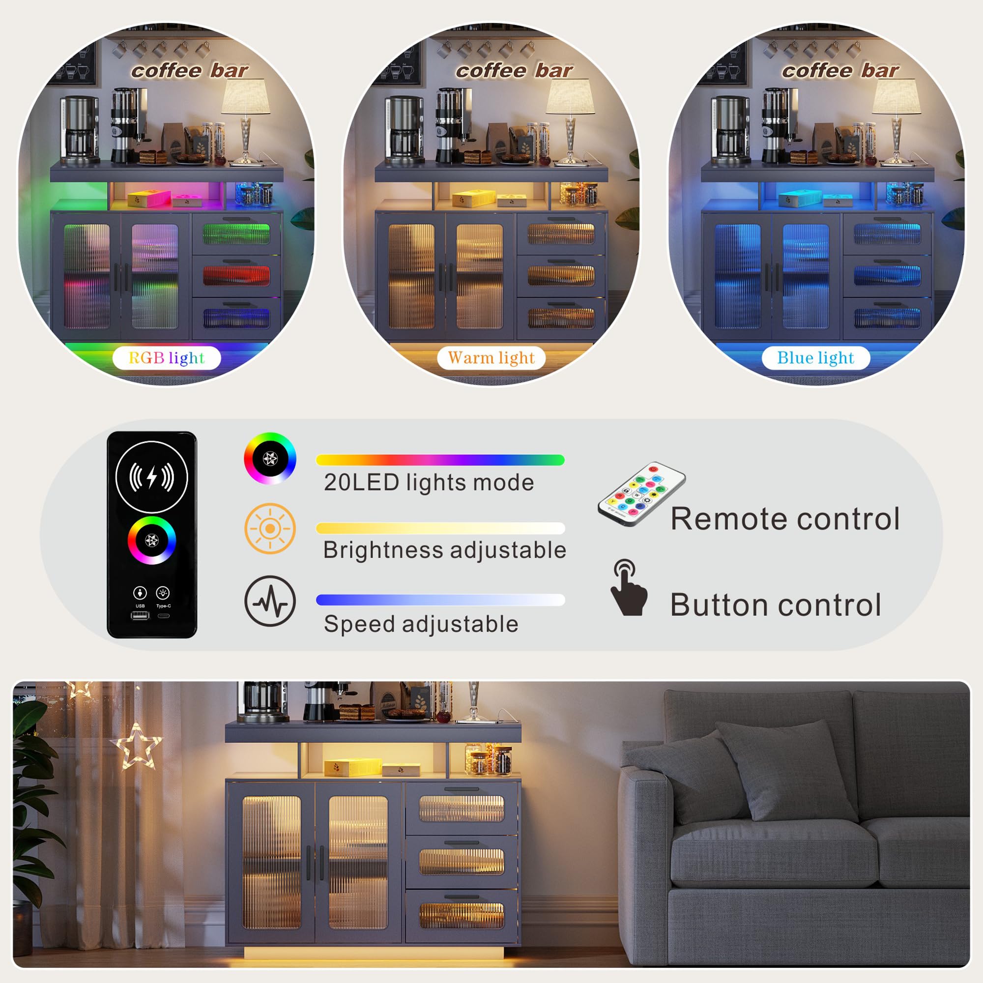 Coffee Bar Cabinet with RGB LED Lighting and Charging Station