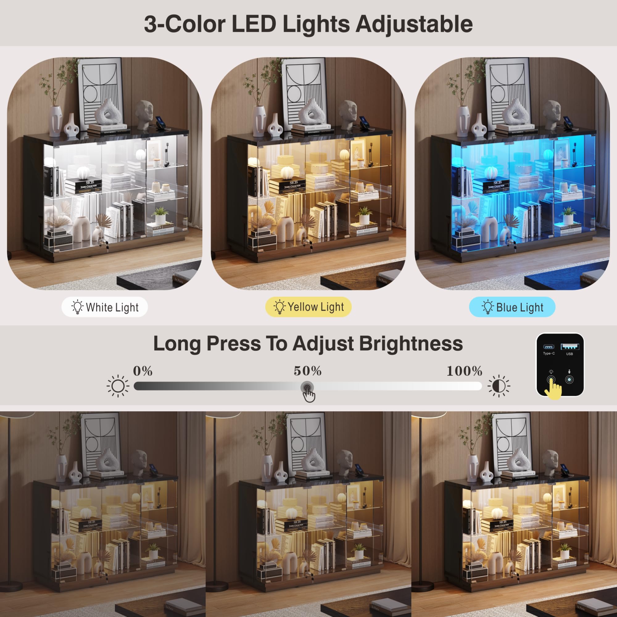Glass Display Cabinet with LED Light and Human Body Sensor