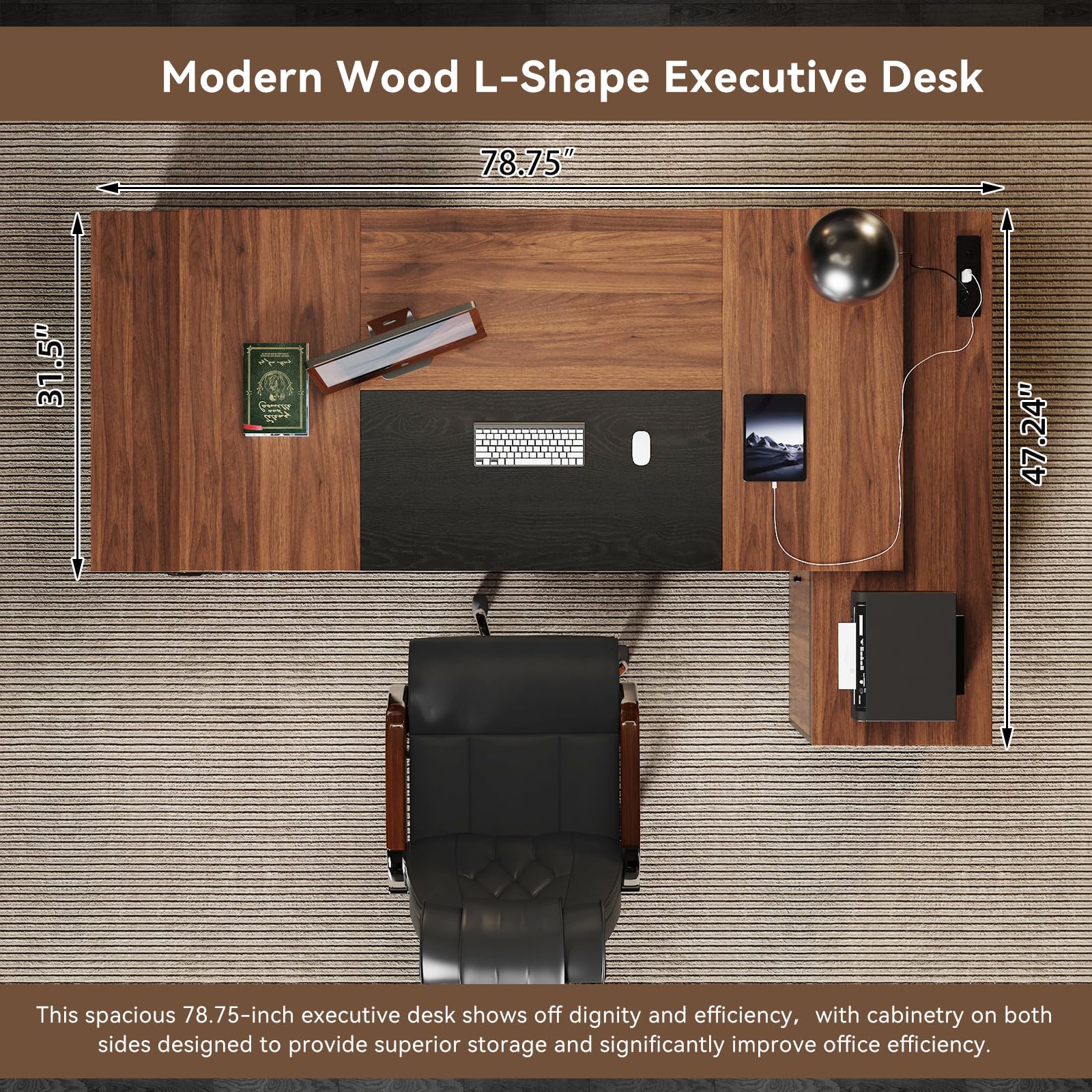 78" L-Shaped Executive Desk with Power Outlets & Storage