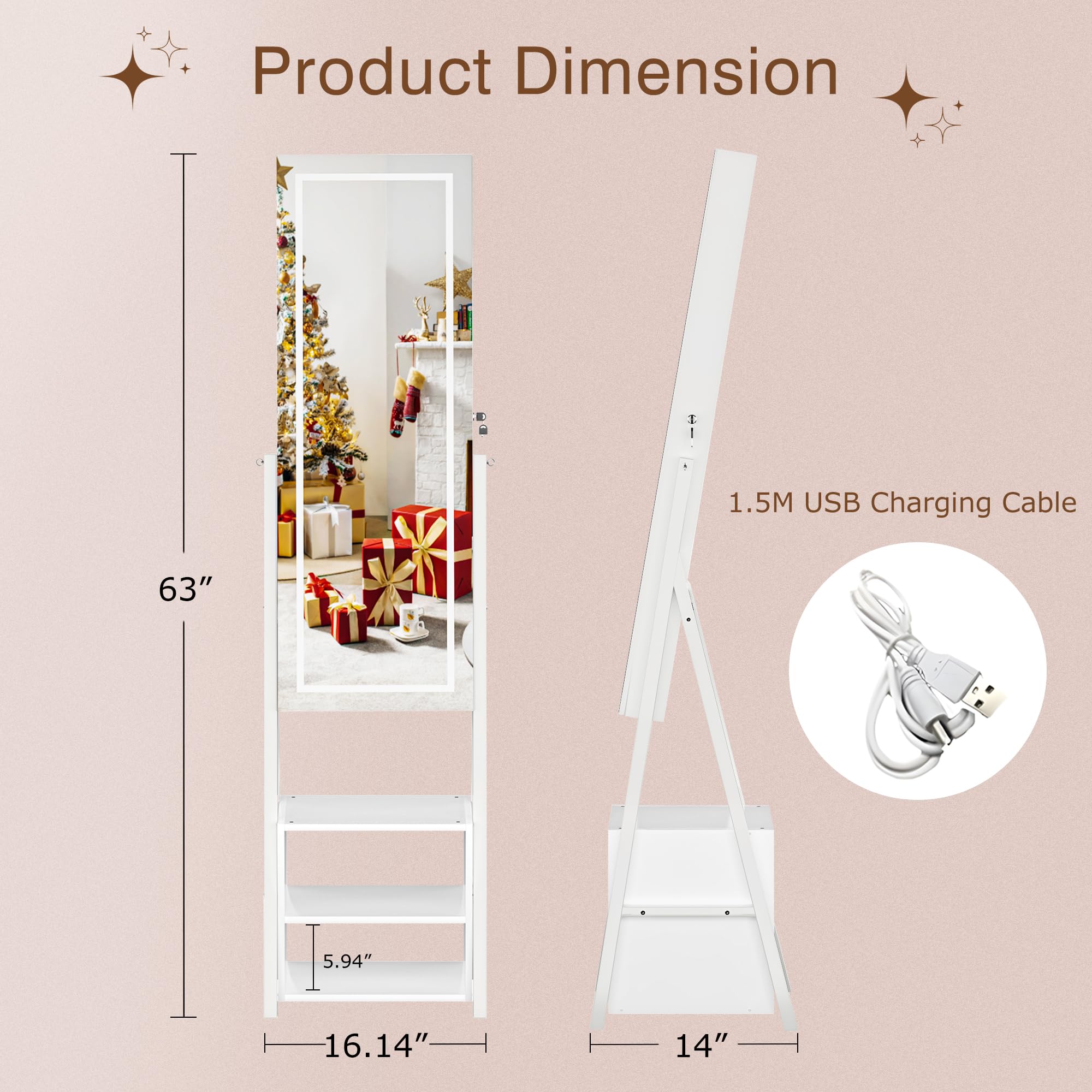 63" Full Length Jewelry Cabinet with LED Lights