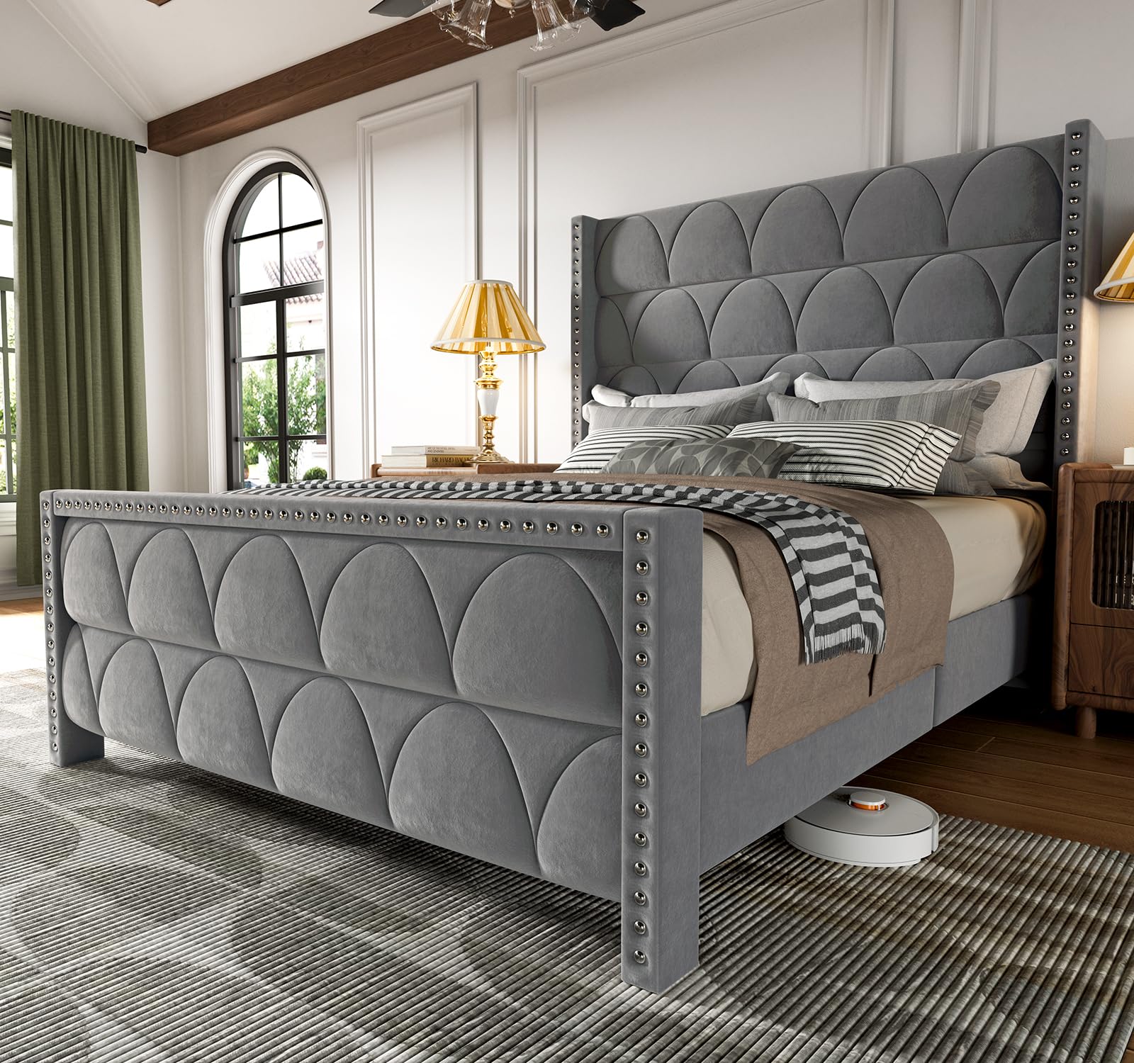 Queen Size Velvet Upholstered Platform Bed Frame