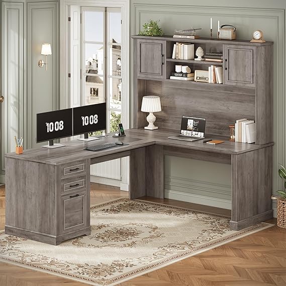 L-Shaped Desk with Hutch and Storage Shelves