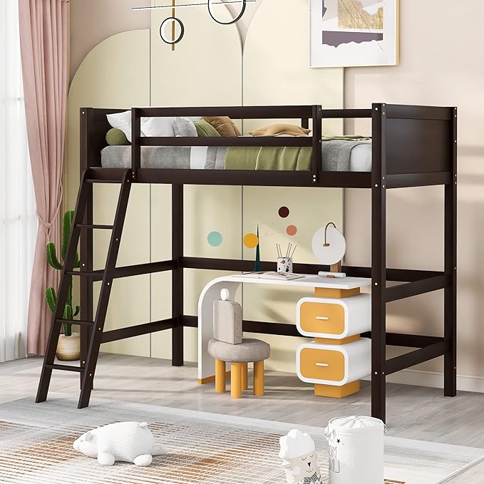 Twin Loft Bed with Ladder - White Wood Kids Bunk Bed
