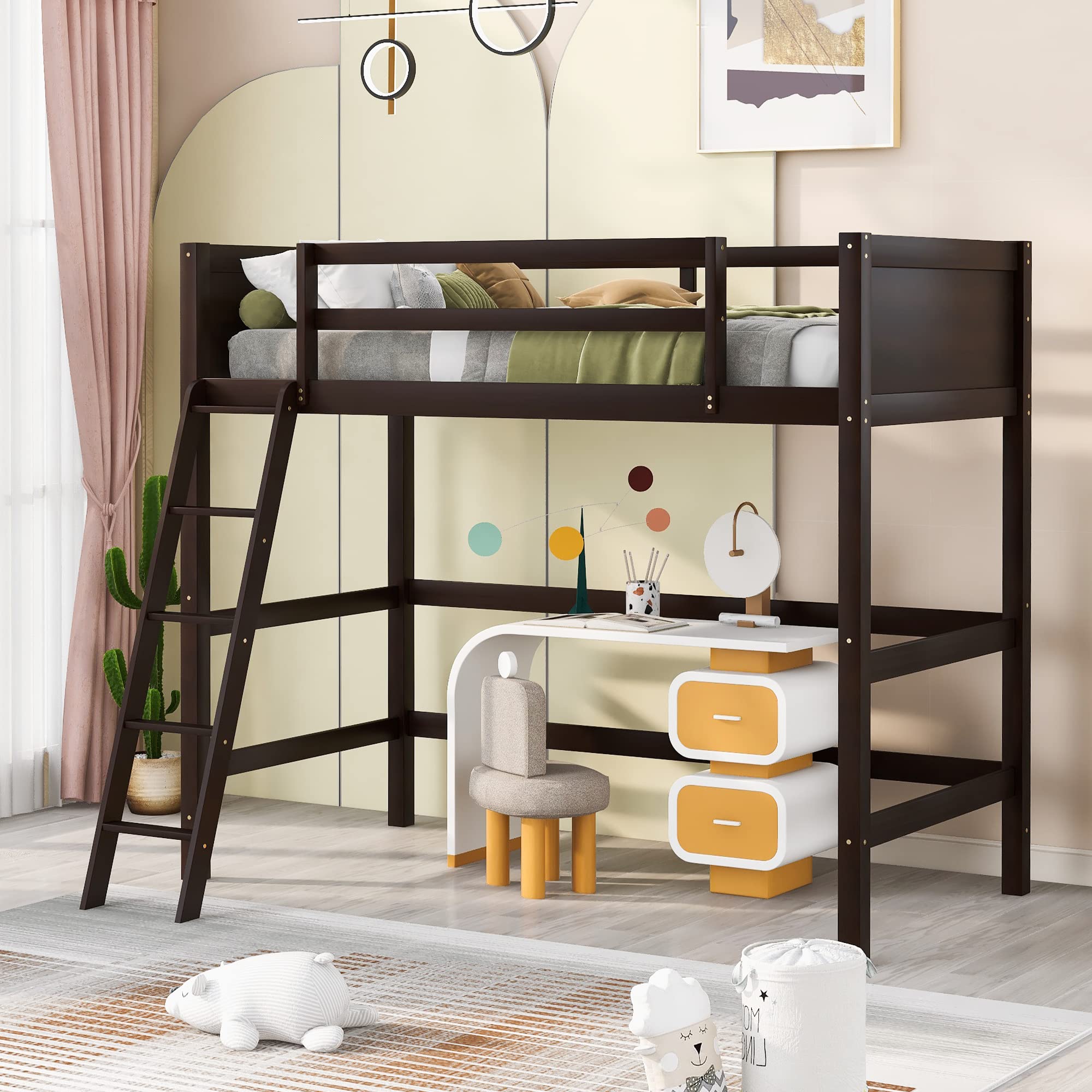 Twin Wood Loft Bed with Guardrail and Ladder