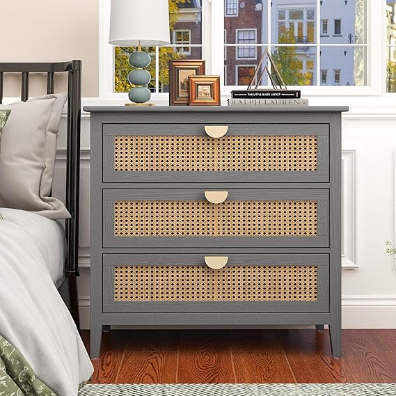 Rattan 3 Drawer Dresser - Modern Wood Chest with Storage