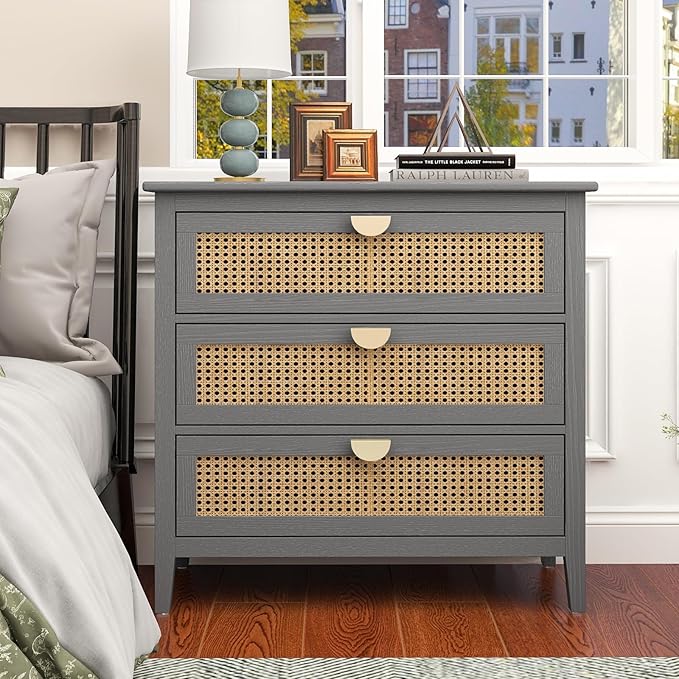 Rattan 3 Drawer Dresser with Storage Cabinet