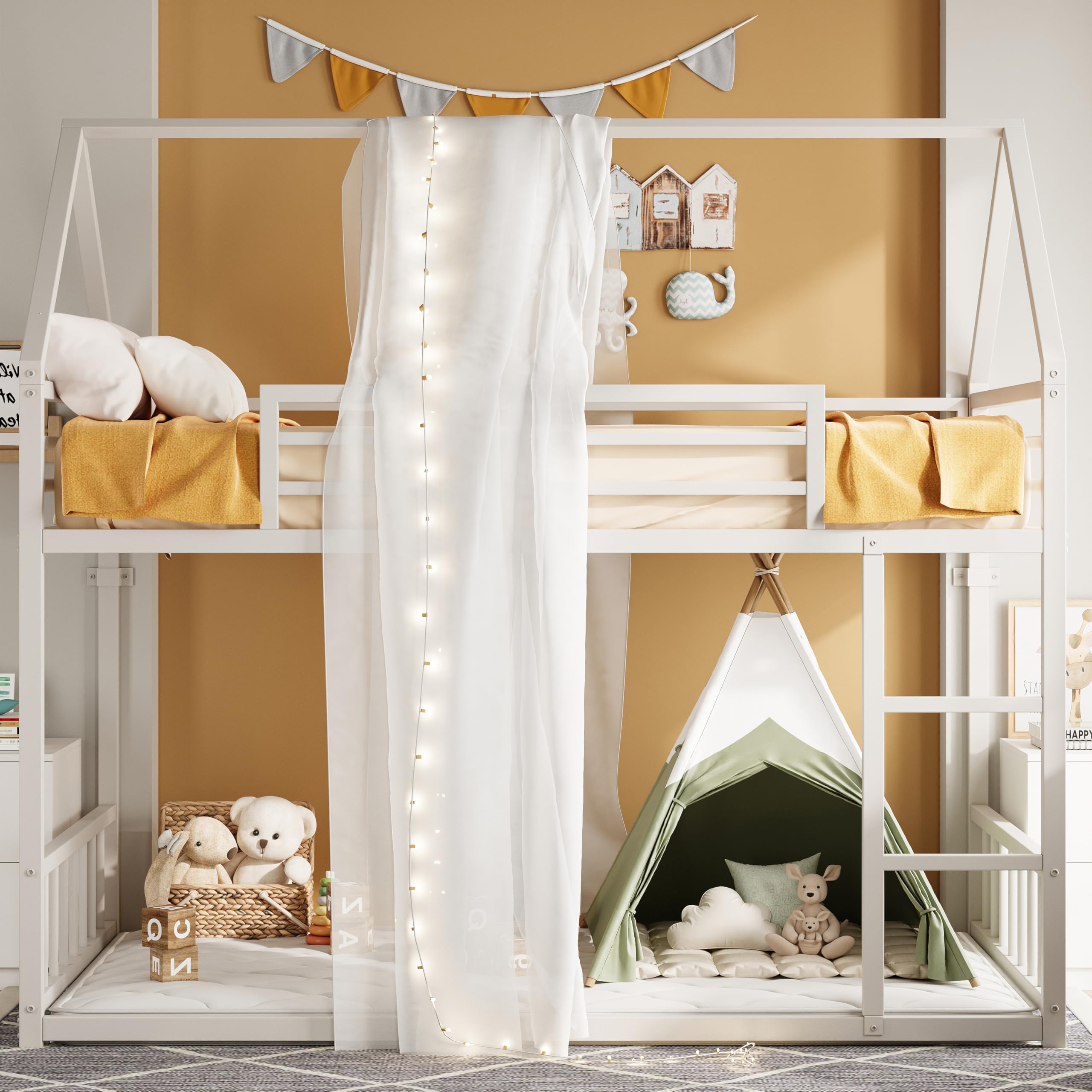 Twin Over Twin House Bunk Bed with Ladder and Guardrail