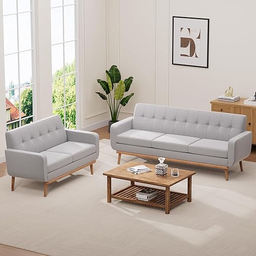 Button Tufted Living Room Set - 3 Piece Upholstered Sofa Collection