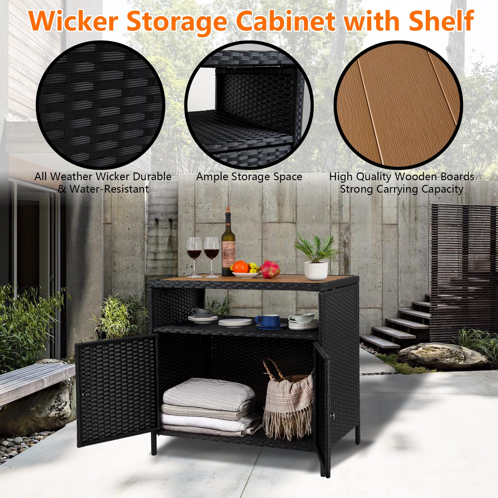 Patio Outdoor Wicker Storage Cabinet with Shelf