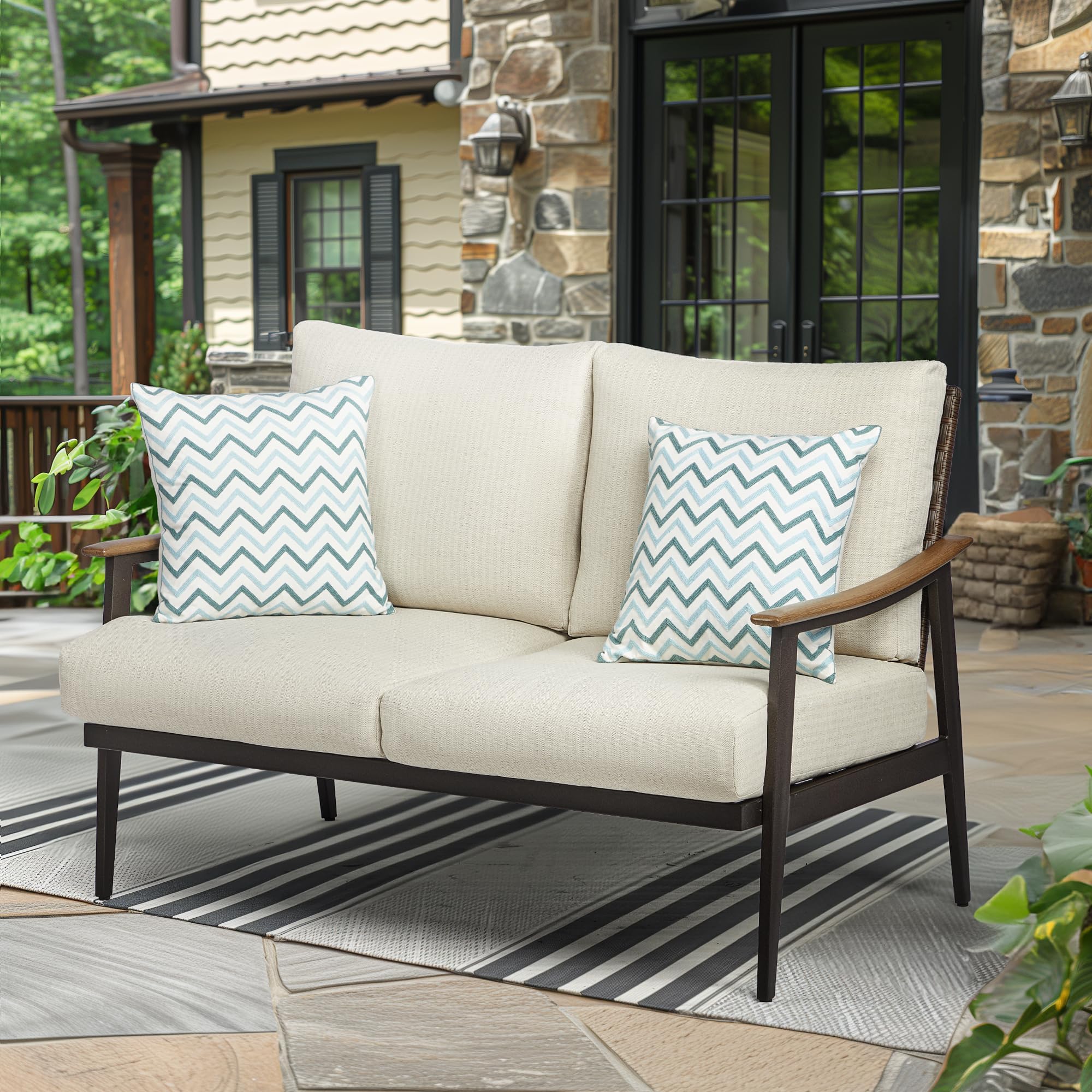 Patio Loveseat Sofa with Wicker Backrest and Cushion
