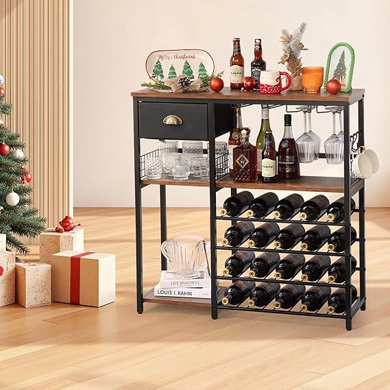 5-Tier Wood Wine Rack with Glass Holder