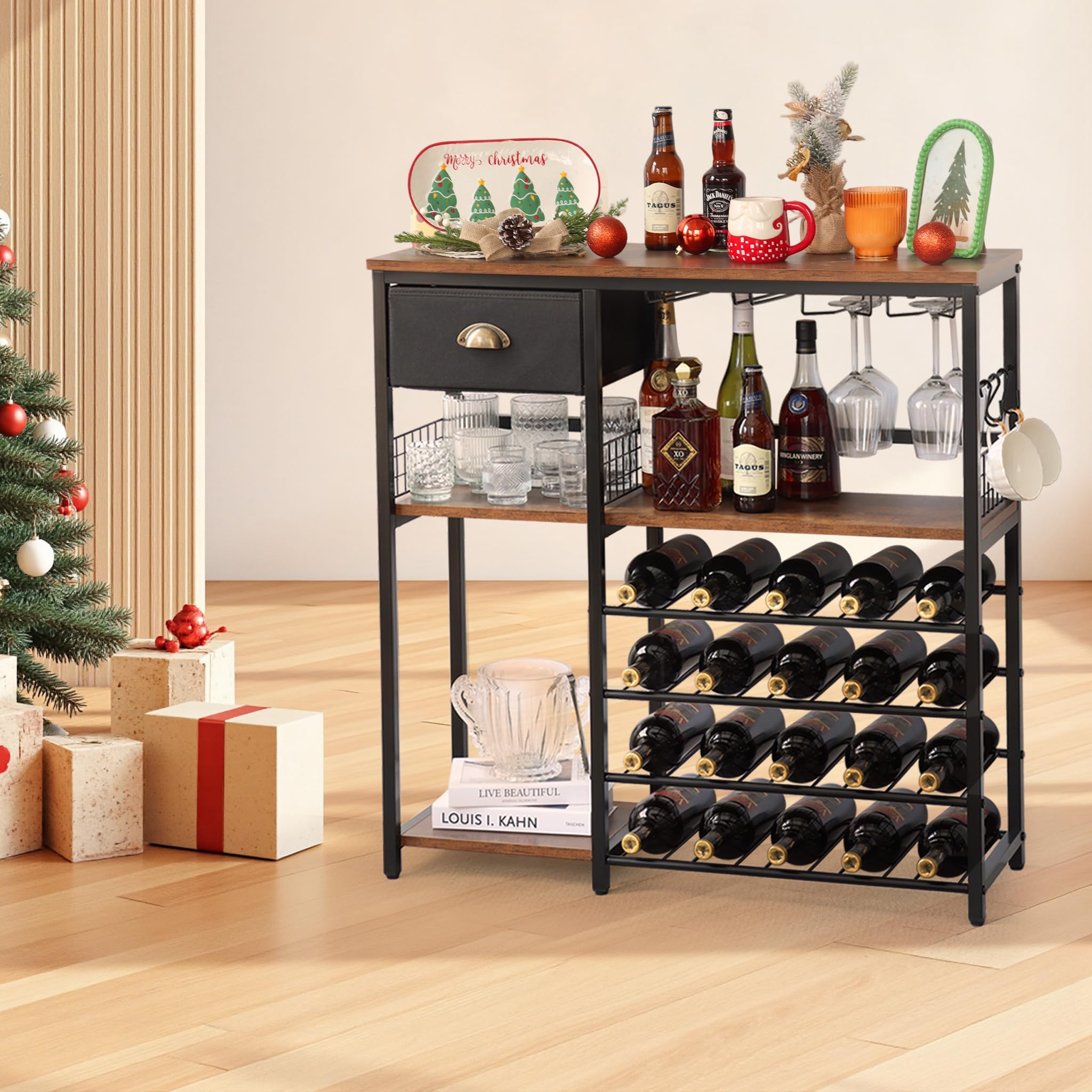 5-Tier Wood Wine Rack with Glass Holder