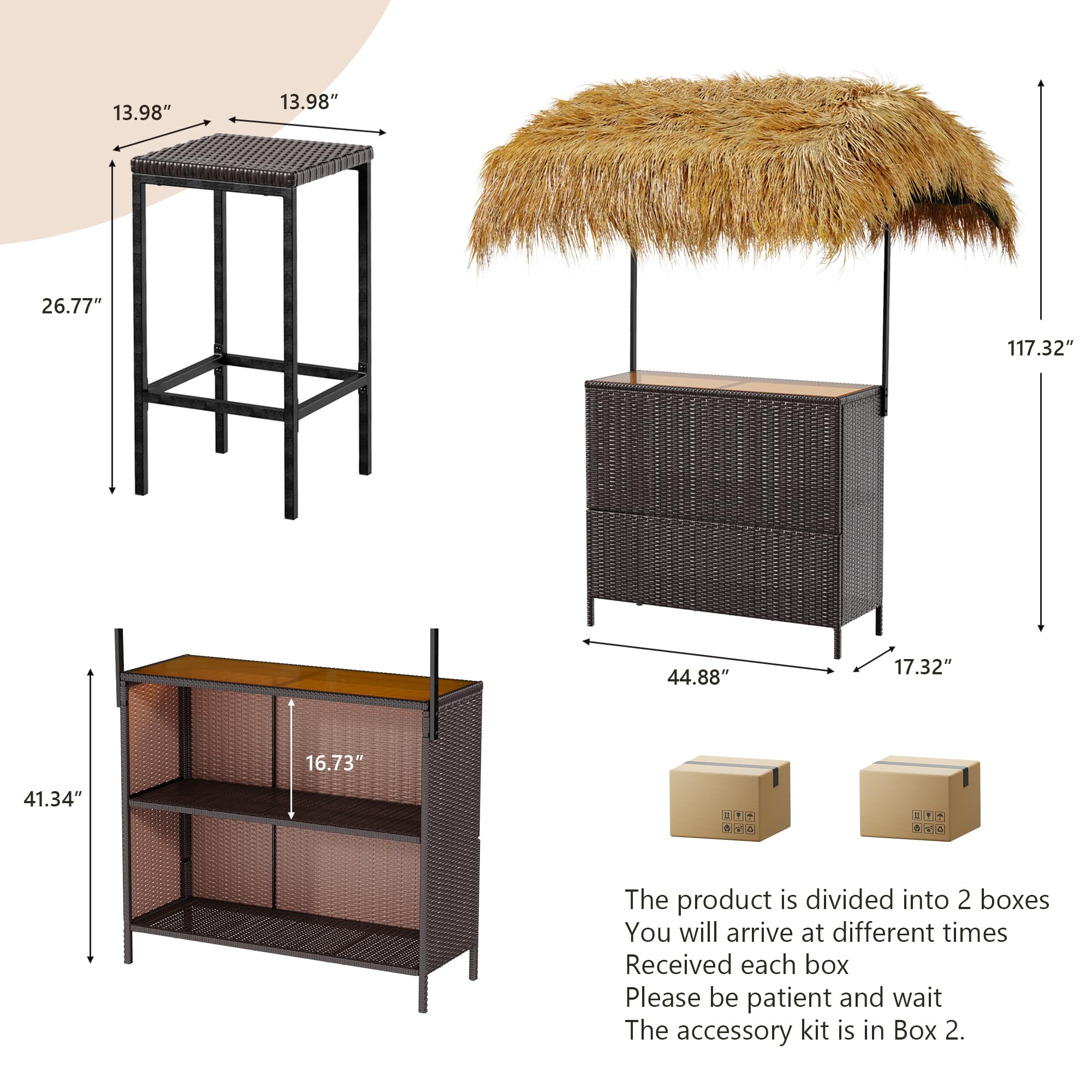 Phuket Patio Tiki Bar Set with Tempered Glass Top