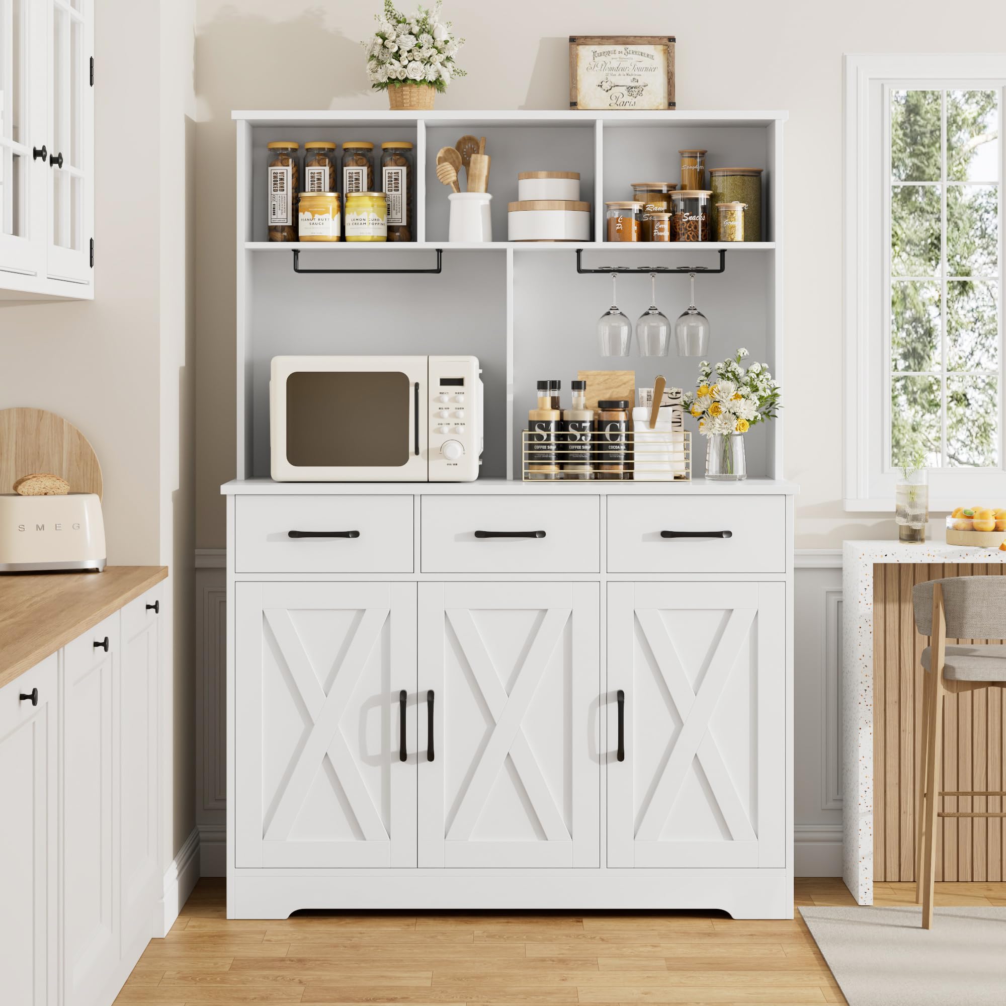Buffet Cabinet with Hutch White Farmhouse Storage