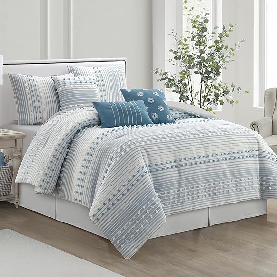 Queen Comforter Set Blue Jacquard Striped 7-Piece