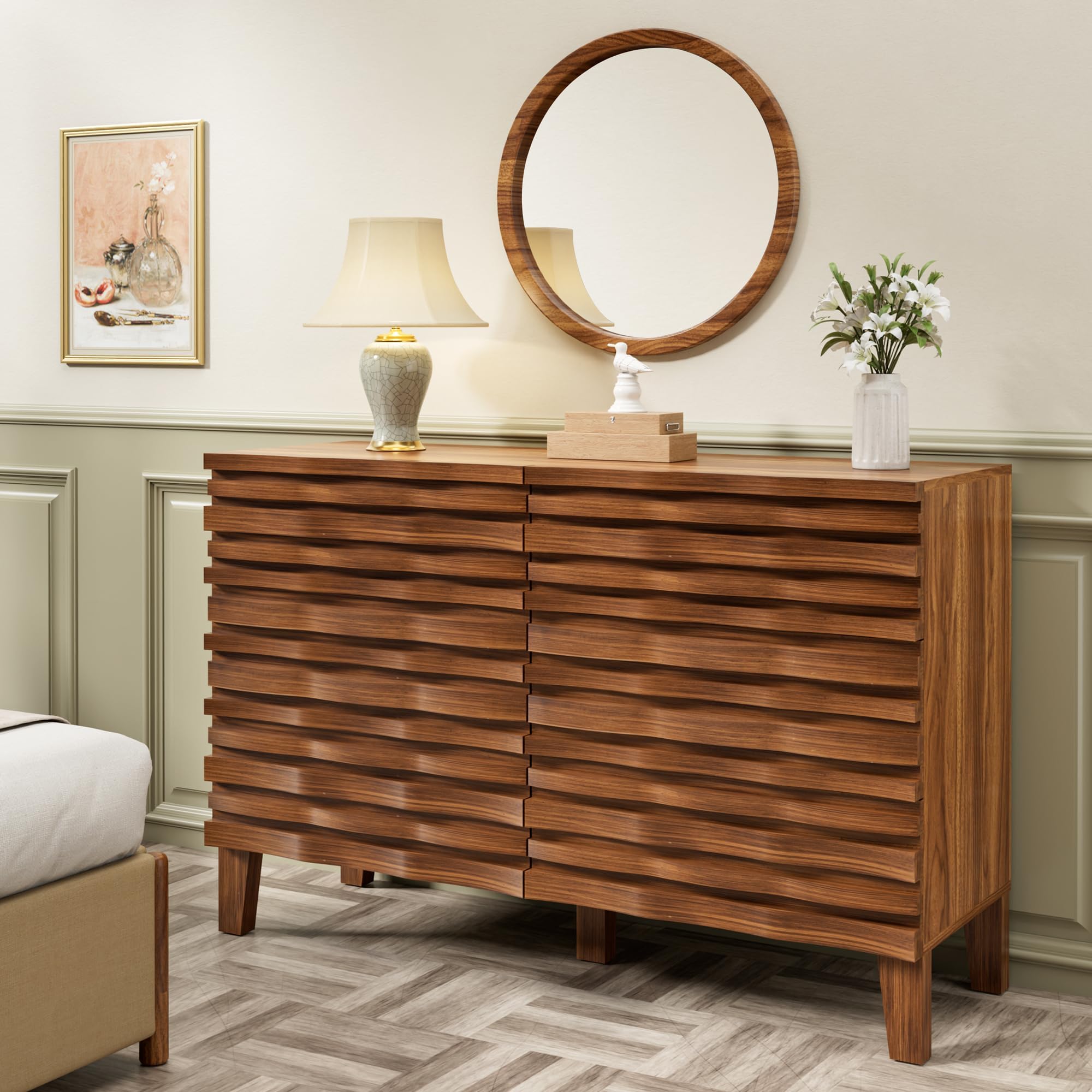 6-Drawer Dresser and Nightstand Set - Mid Century Modern Solid Wood Bedroom Furniture