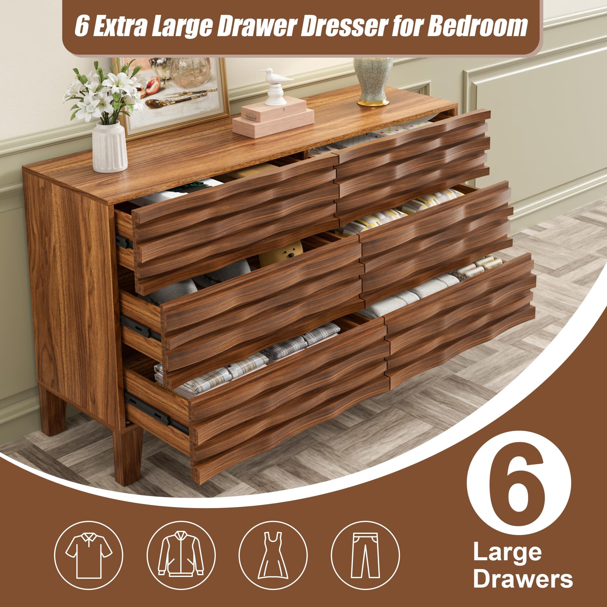 6-Drawer Dresser and Nightstand Set - Mid Century Modern Solid Wood Bedroom Furniture