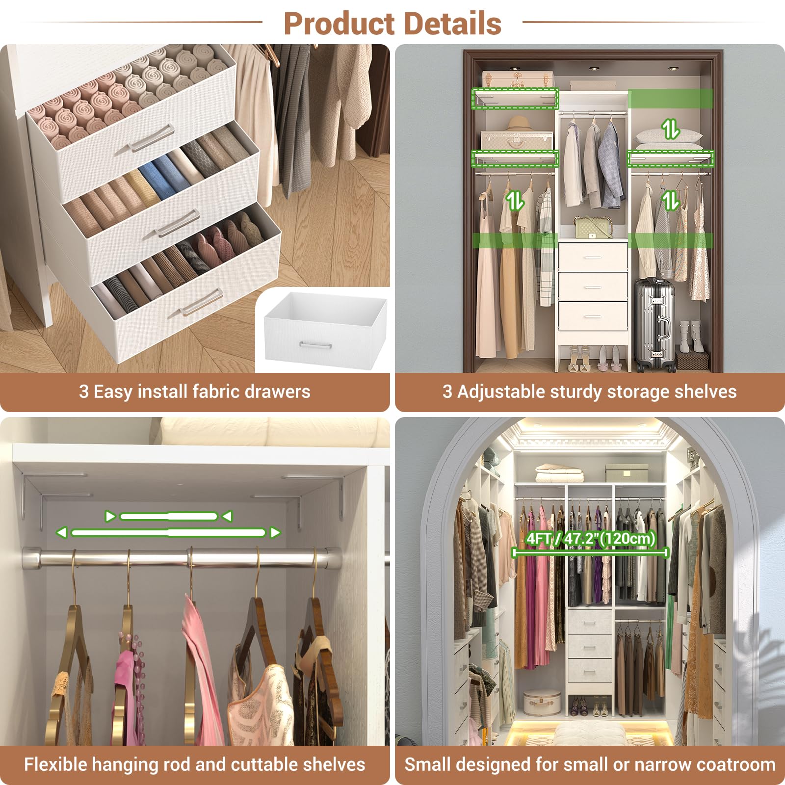 4ft Closet Organizer System with 3 Fabric Drawers and Adjustable Shelves