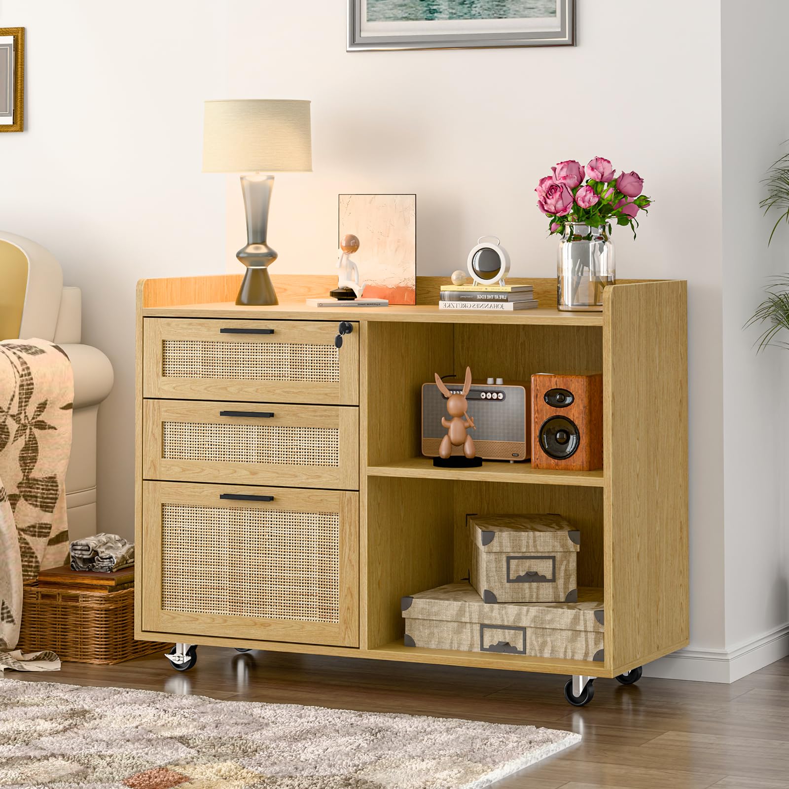 3 Drawer Rattan File Cabinet with Lock