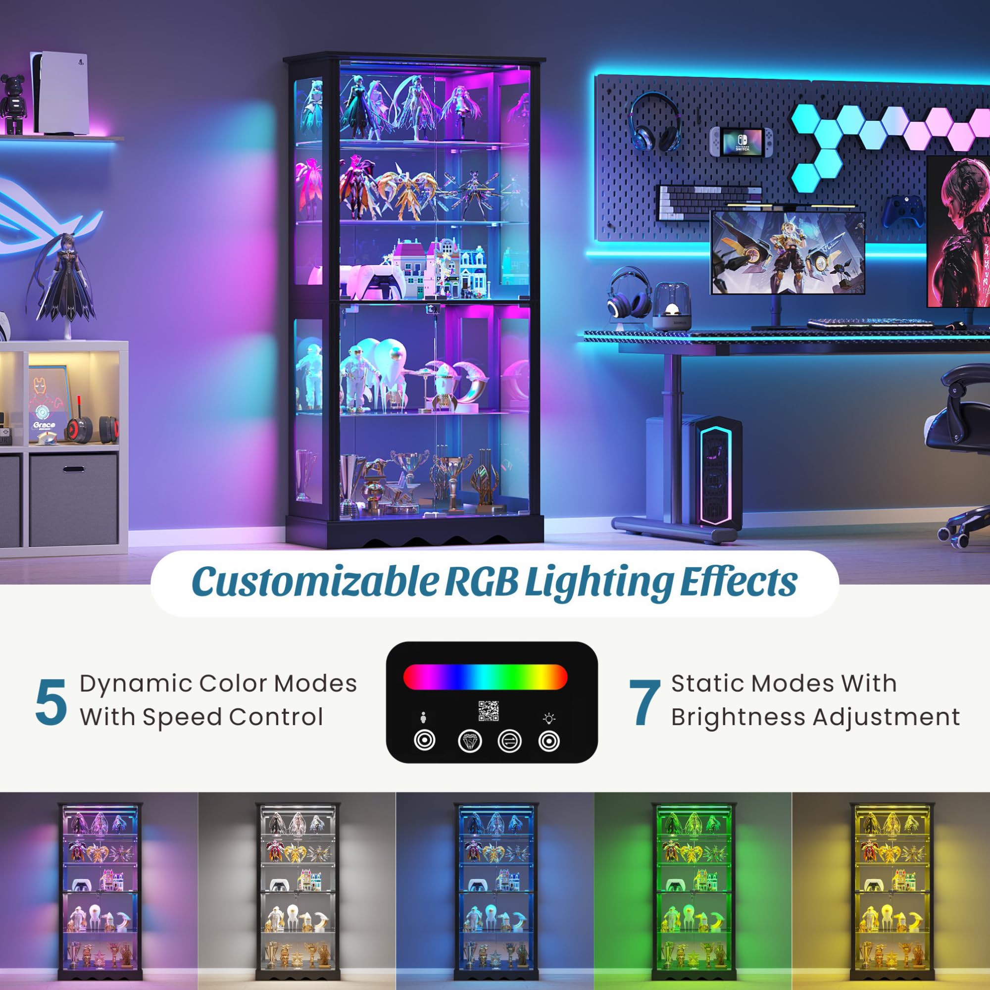 71" Display Cabinet with Glass Doors and RGB Lights